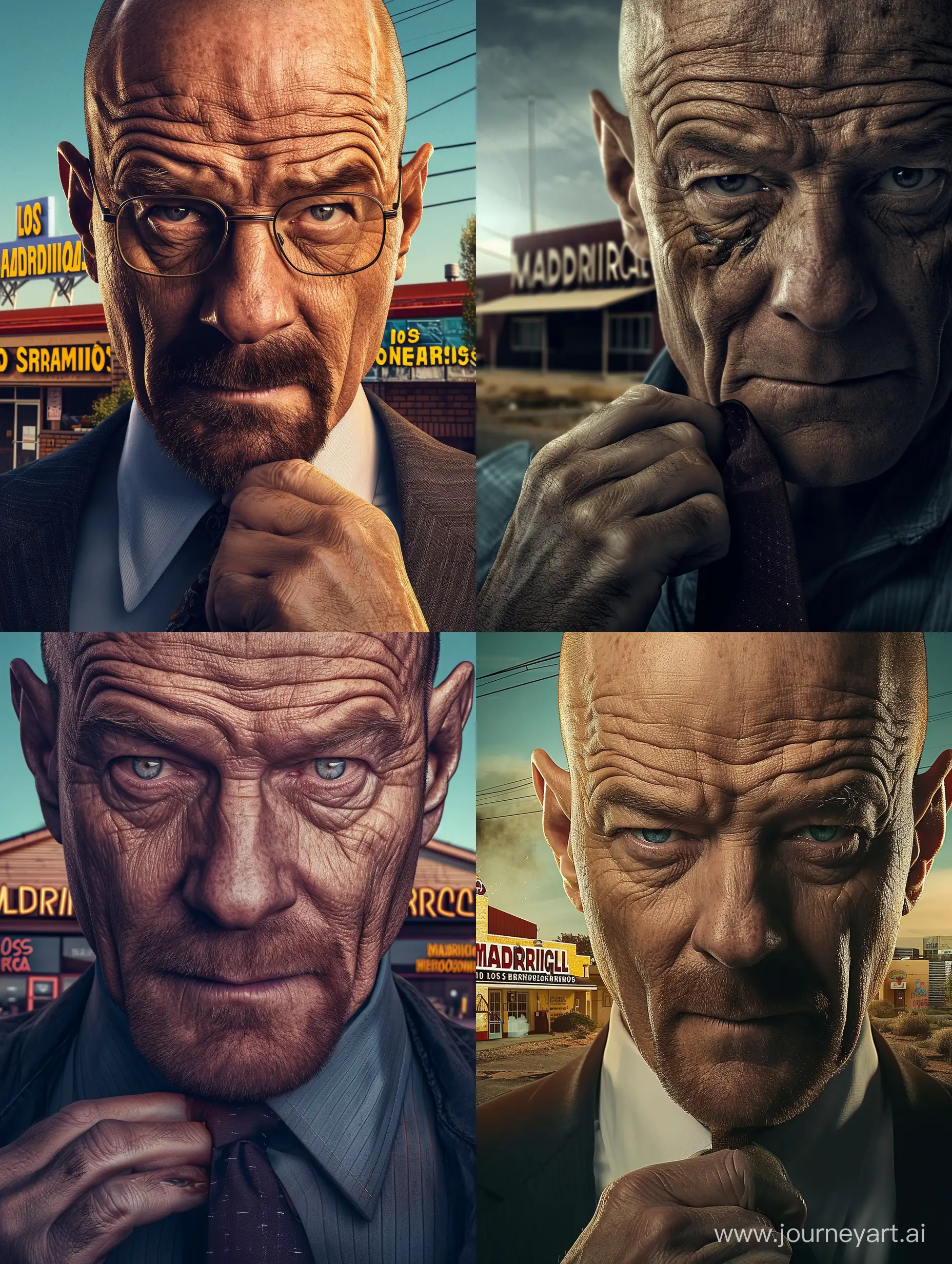 Breaking Bad Gustavo Fring movie poster set, face close-up, Gustavo straightening his tie with his hand, company building with "Madrigal" written in the background, los pollos hermanos business location in the left background, 4k realistic