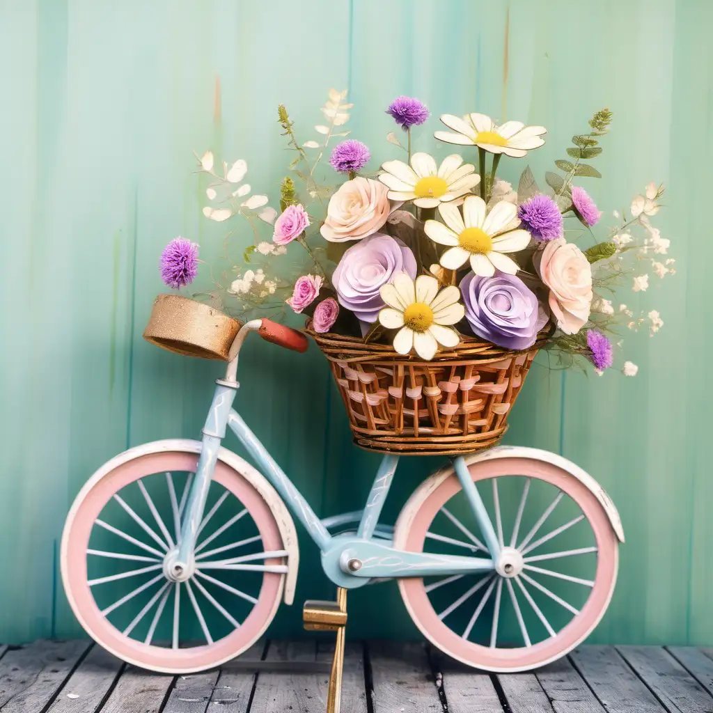bicicleta con flores en canasta pintada a mano a colores pastel