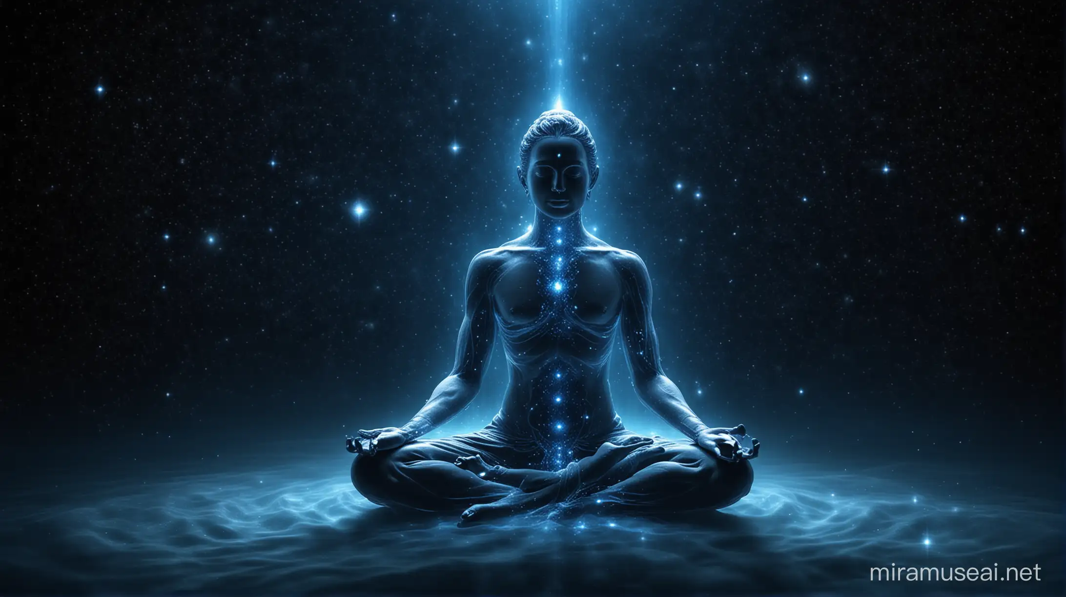 meditating see through blue spirit made out of light floating  in deep space
