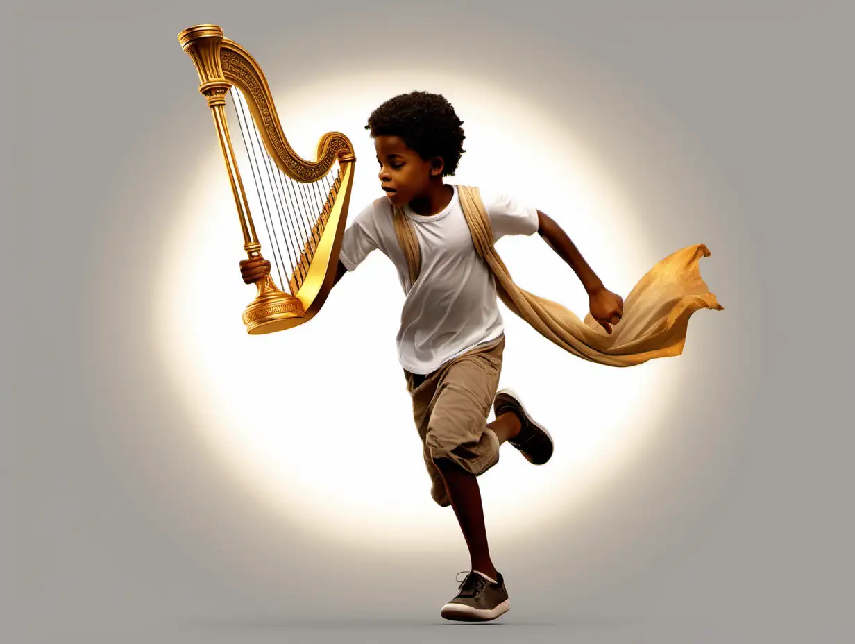 a  young african American  boy running with a golden harp , full body view semi  realistic
