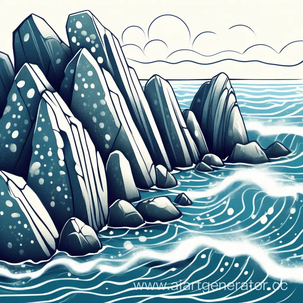 нарисуй стилизованные скалы с морем. постарайся использовать как можно меньше линий. Рисуй пятнами