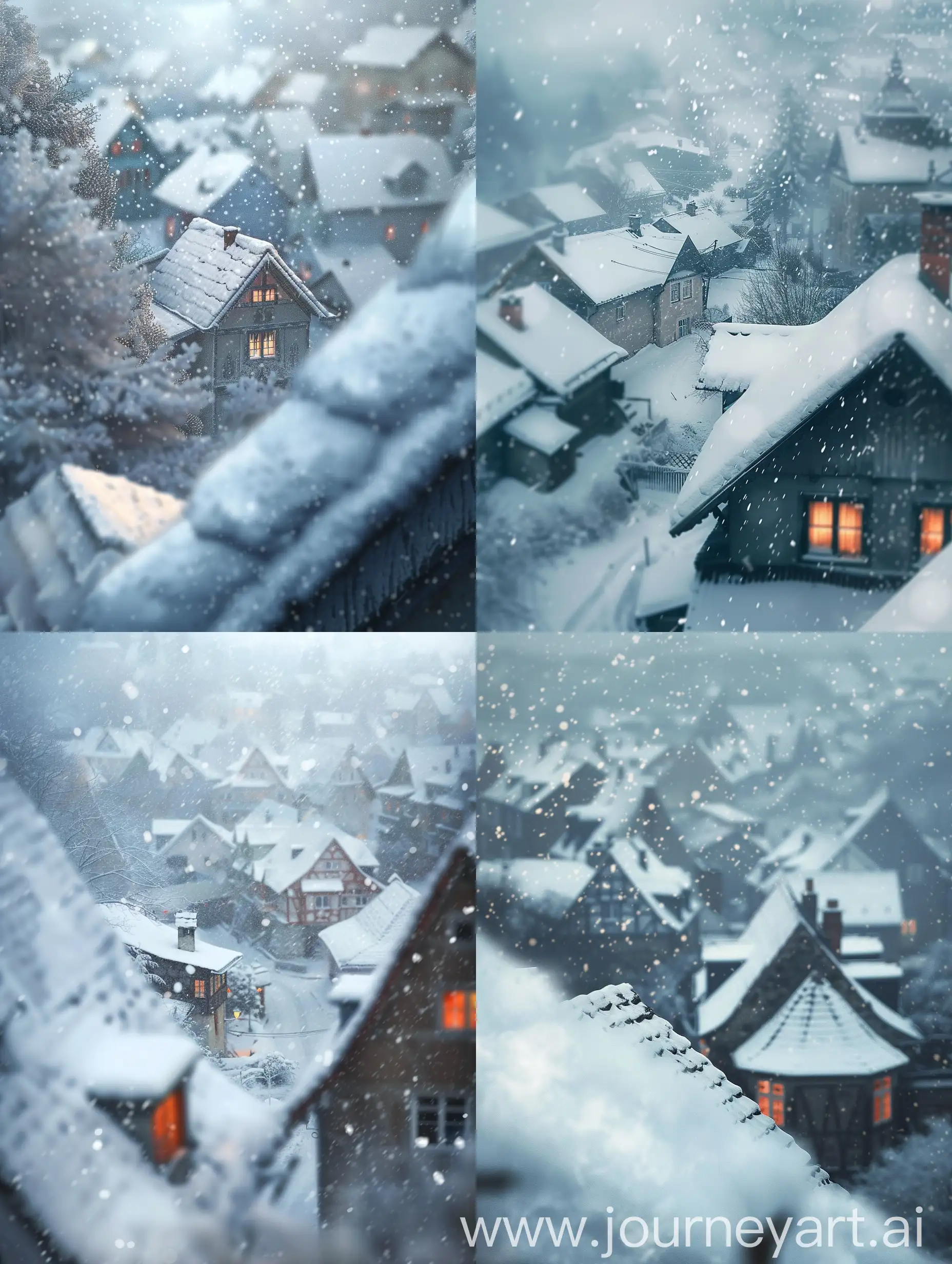  {
  "prompt": "An atmospheric, aerial view of a winter village scene, captured just after a snowfall has ended, with a hazy, soft focus effect to mimic a misty ambiance. The snowfall is random and natural, with uneven coverage on the rooftops and landscapes to reflect the spontaneous nature of falling snow. Snowdrifts should appear in a more organic pattern, with some rooftops partially clear, suggesting the snow has slid off unevenly. The composition includes a blurred foreground with part of a snow-covered rooftop to provide depth, and the houses should have a warm glow from the windows, contrasting with the cool, dusky sky.",
  "size": "1024x1024"
}
