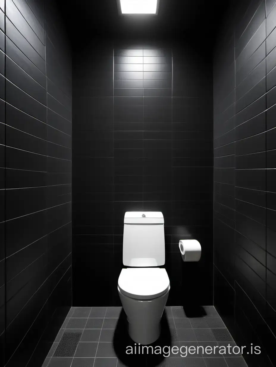 black tiled wall in the toilet room, view 3/4, the junction of the wall and the floor