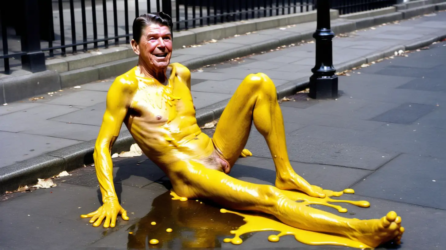 Ronald Reagan is a naked beggar in London. He has some change in front of him and is covered in a yellow liquid.