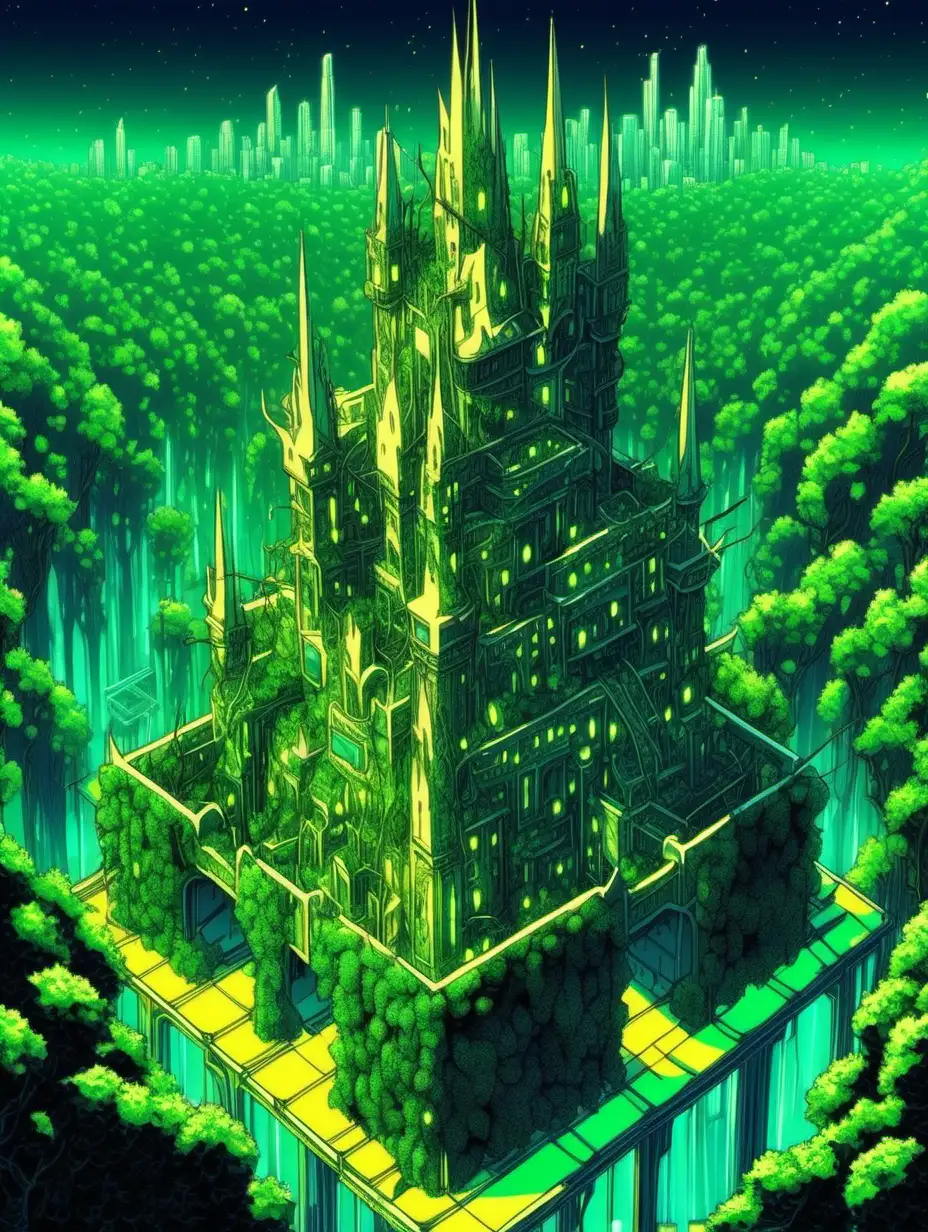 A massive futuristic castle  covered in vines and thorns. Anime screencap, isometric view, green, yellow, neon lights, forest, large trees 