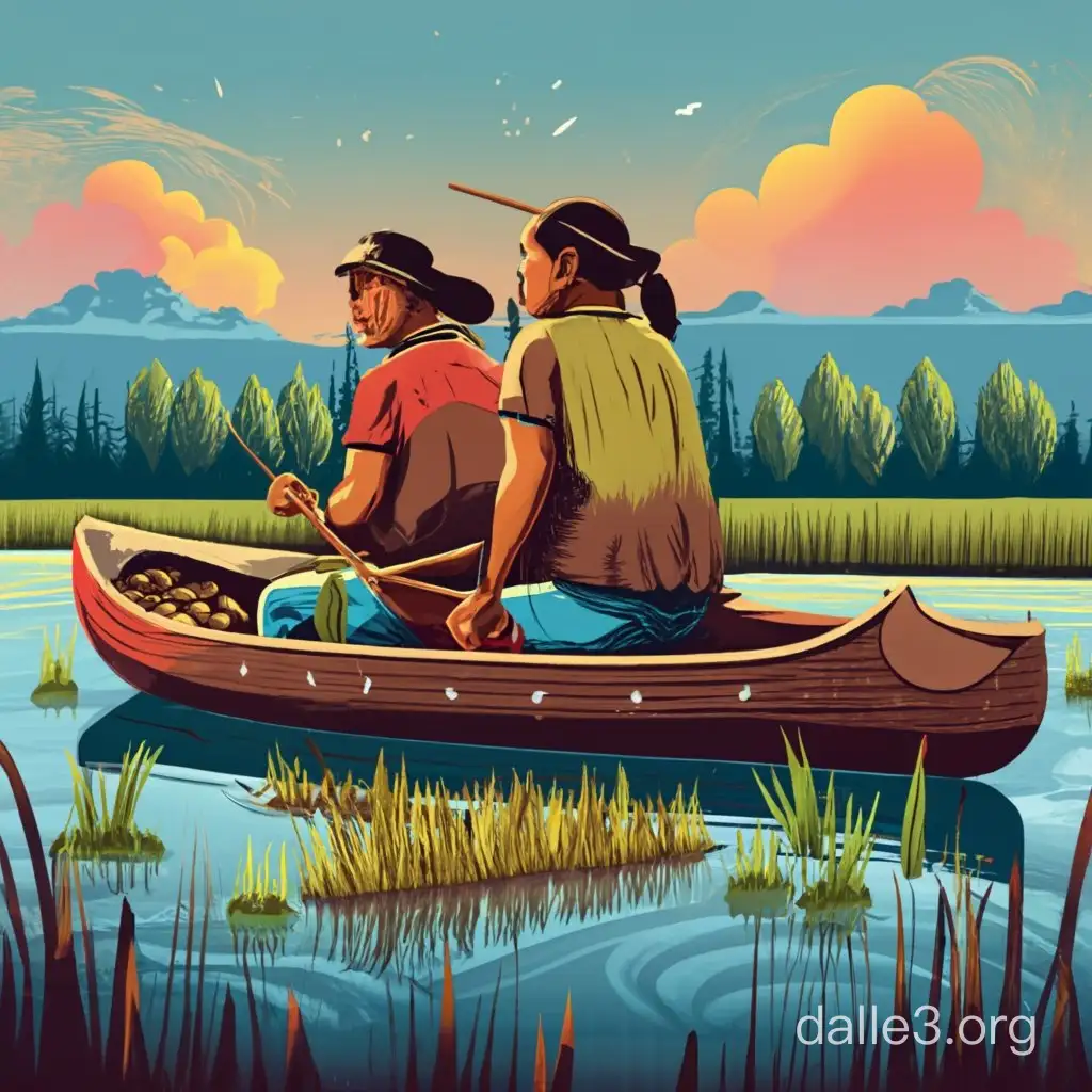 realism vector shirt design. "water is life". two ojibwe native american people rice harvesting in a canoe. in a pond