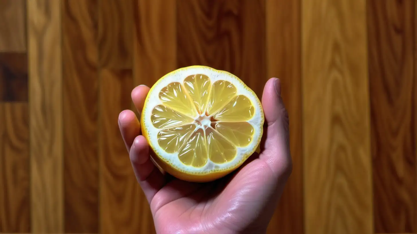 CloseUp of Shiny Sliced Lemon Held in Hand on Wood Floor