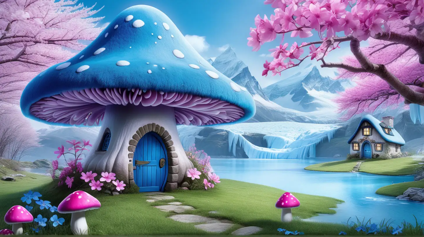 Enchanted Blue Moss Cottage with Magenta Moat and Cherry Blossoms