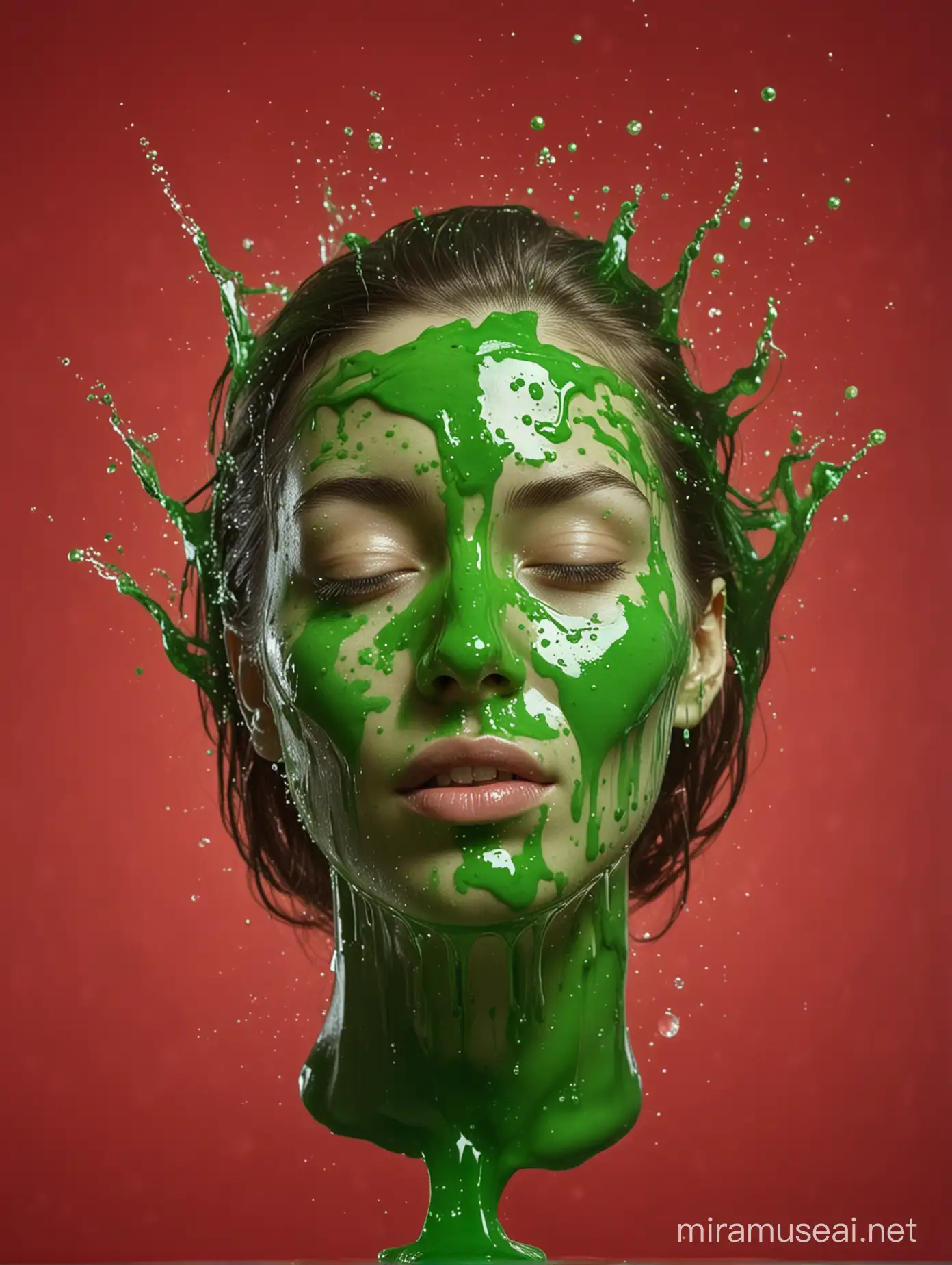 A woman's floating head, made of splash green liquid, by red color background 
