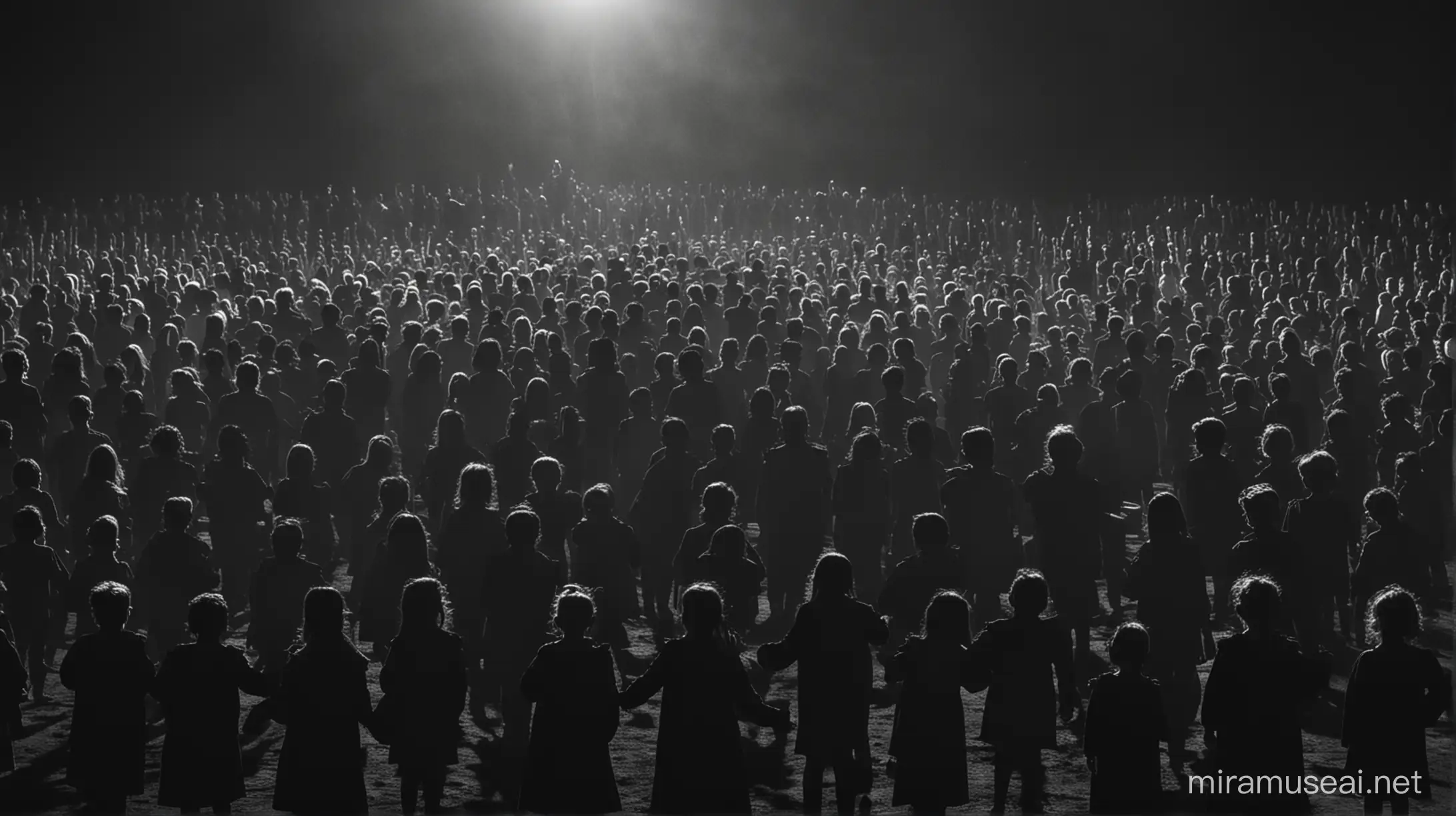 Hundreds of silhouetted children ritualistically praise an unseen figure, dark purgatory, creepy carnival