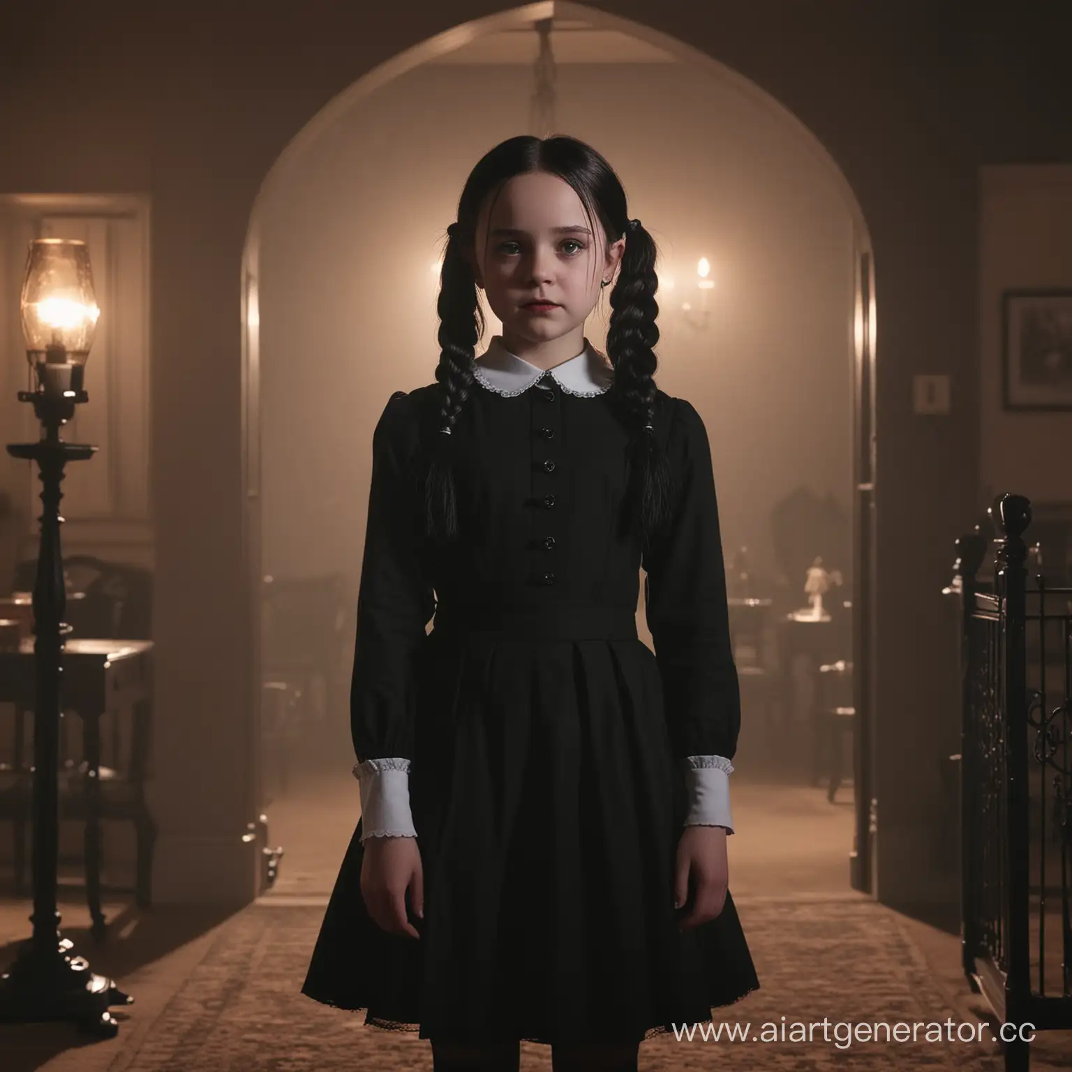 Gothic-Girl-Wednesday-Adams-Standing-in-Dramatic-4K-Lighting