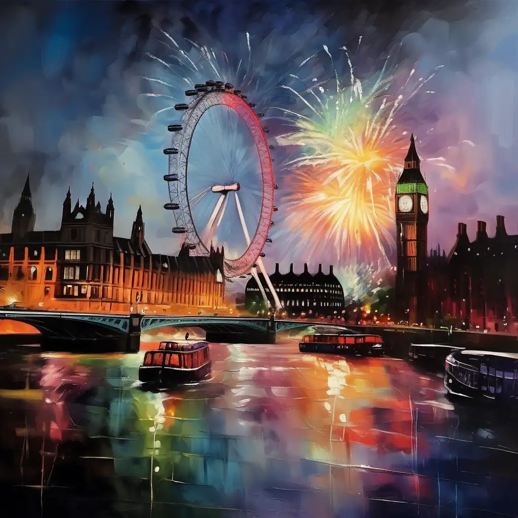 New Year's Eve fireworks, colourful, jubilant, breathtaking, dynamic, high contrast Over the London Eye, on Oil painted picture, Brush painted picture, 
