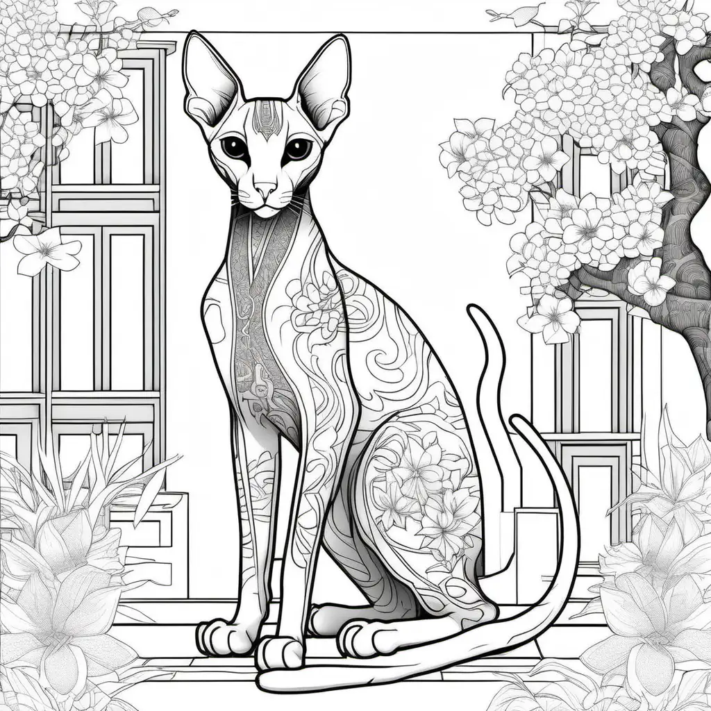 Generate an intricate and detailed coloring page for adults featuring an Oriental Shorthair cat as the main subject. Emphasize the cat's physical characteristics, including its slender body, wedge-shaped head, large pointed ears, and expressive almond-shaped eyes. Place the cat in a traditional Chinese house setting, surrounded by elements such as a flowering tree with lanterns hanging from the branches. Ensure the image is in black and white with no gradient fill or grayscale, maintaining a monochrome, minimalistic, 2D line drawing style suitable for coloring. Capture the elegance of the Oriental Shorthair and the cultural ambiance of a traditional Chinese scene in this detailed coloring page.
