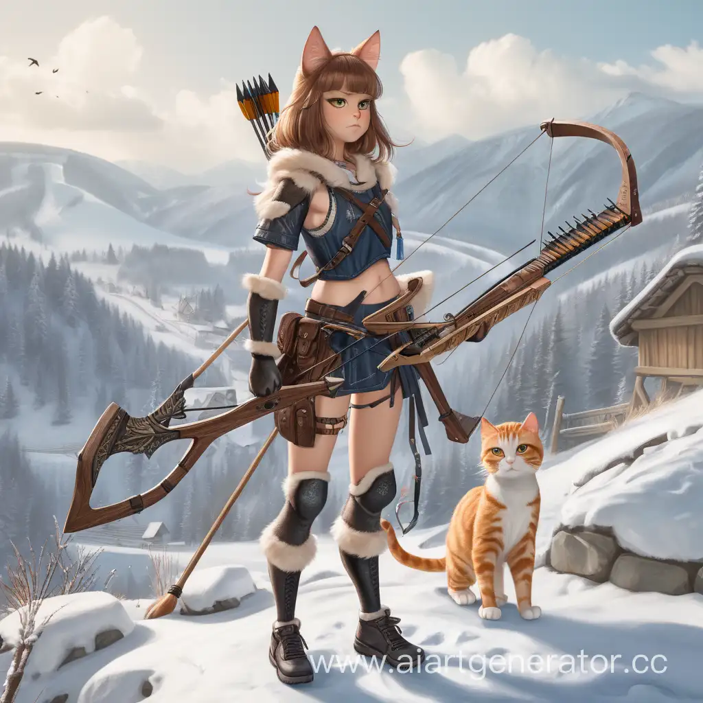 A cat girl with a crossbow and a spear stands near the slope 
