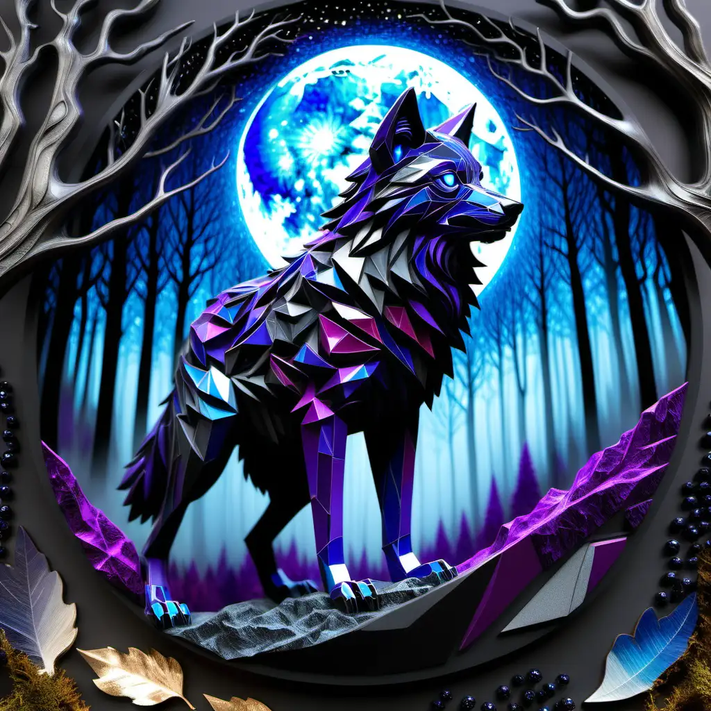 Surreal Mozaic Style Artwork of a Mega Hybrid Black Wolf Howling Under a Millennium Moon
