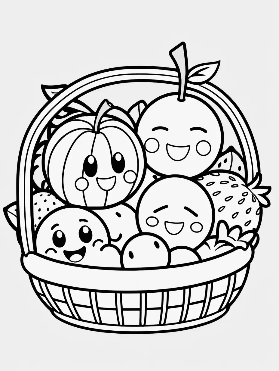 Adorable Cartoon Fruit Basket Coloring Page on White Background