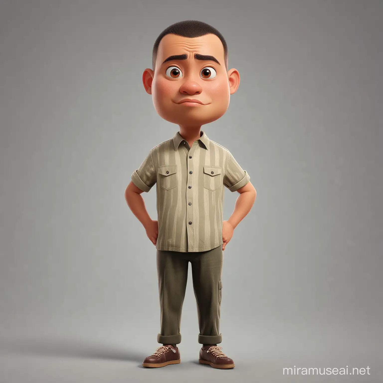 An indonesian guy standing up, buzz cut, semi fat, Semi caricature, disney style, full body, flat eye brow