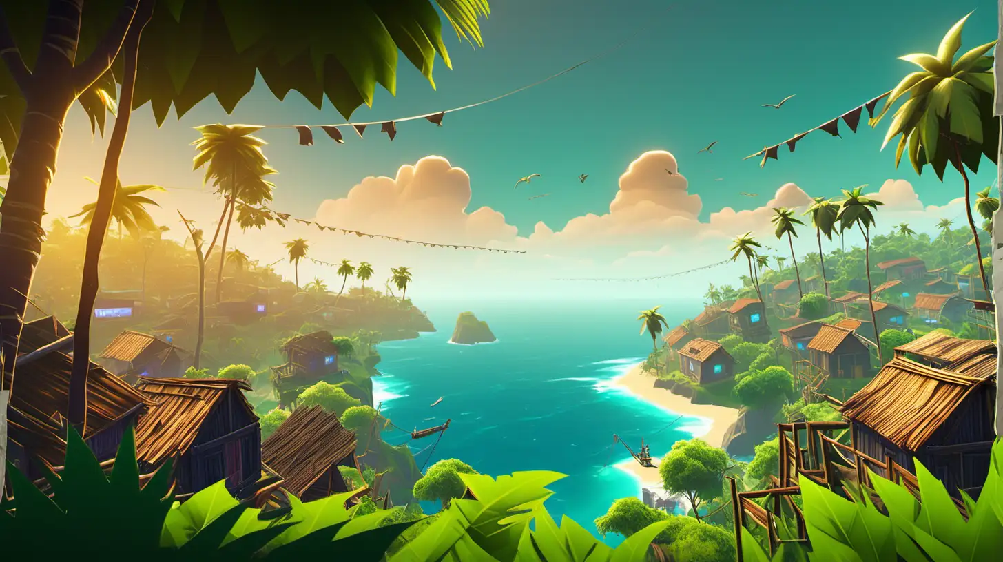 a fortnite style back ground of some jungle, some sea in the distance and some little shacks
