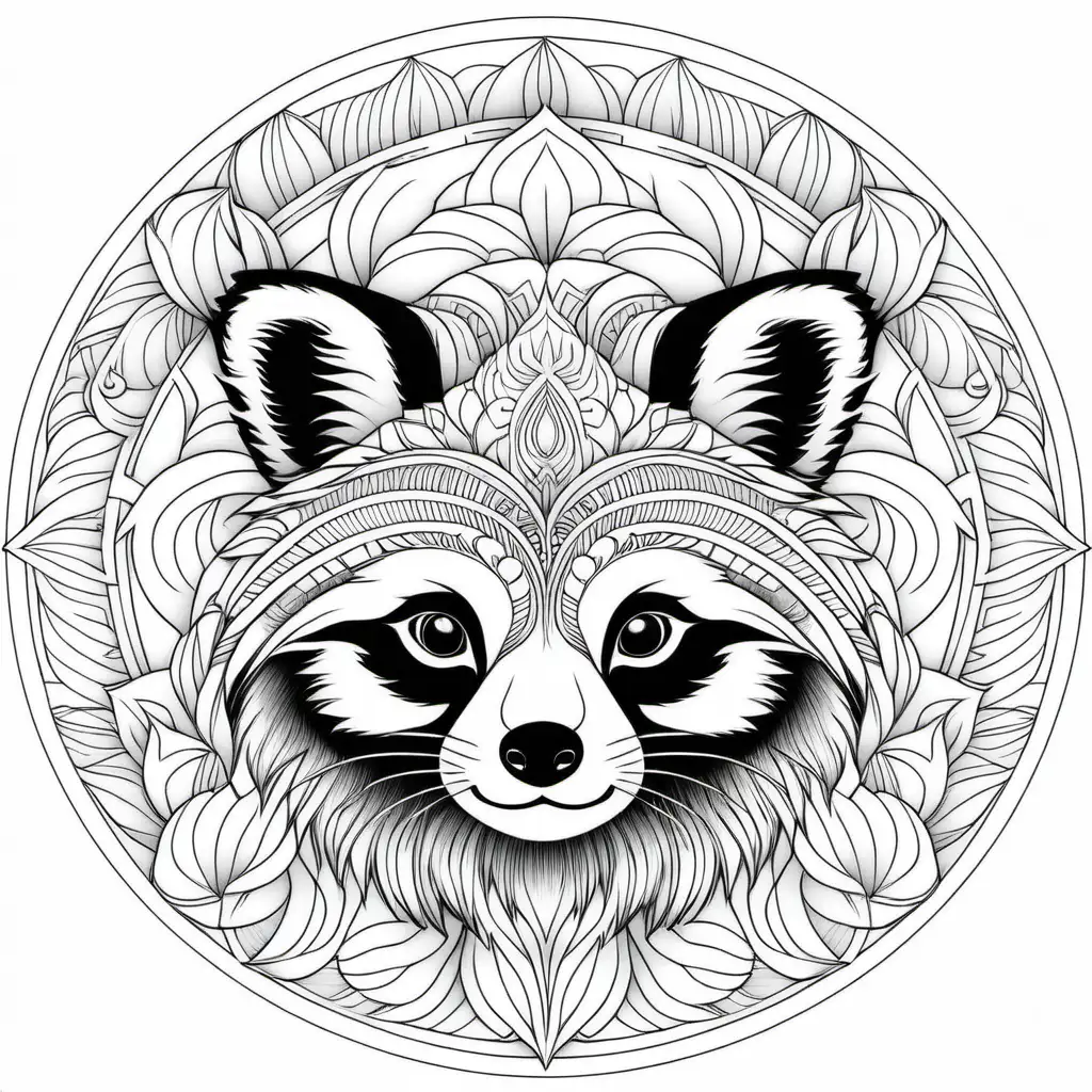coloring page for adults, mandala, red panda, white background, clean line art, fine line art 