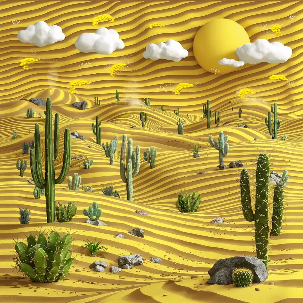 Желтые полосы, напоминающие песчаные дюны.  Добавь изображения кактусов и других пустынных растений. Изобрази желтое солнце и белые облака на верхней части. Добавь динамизм, изобразив небольшие желтые вихри, символизирующие песчаную бурю. Это может быть представлено в виде набора мелких желтых точек или линий, направленных в одном направлении. Добавь дополнительные детали, такие как камни, галька или следы путешественников, чтобы придать реалистичности пустынной атмосфере.
