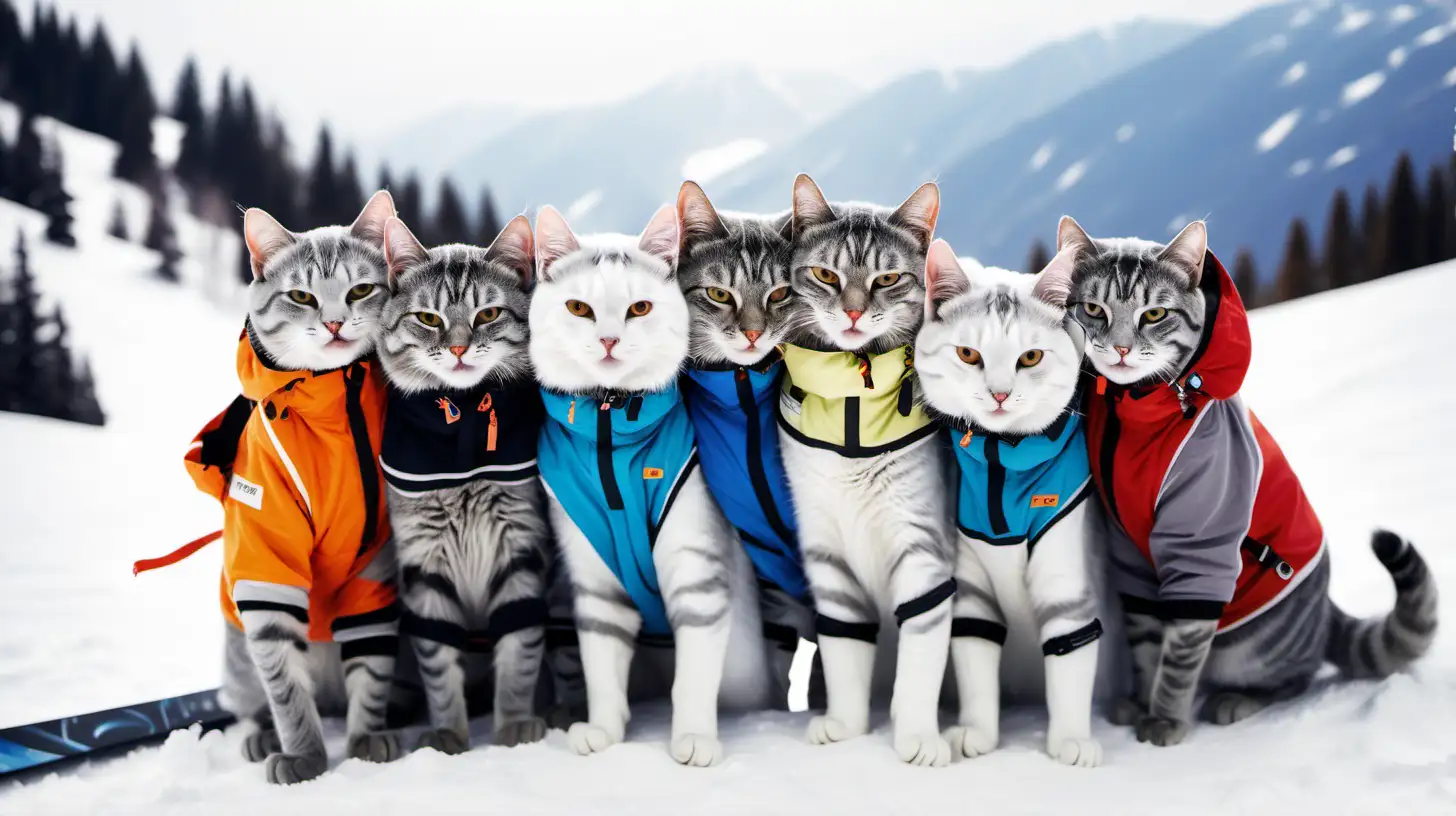 Много Серые коты в лыжных костюмах на снегу в горах обнимаются и радуются 
