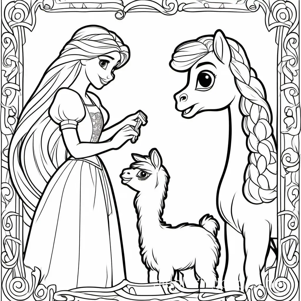 Disney Rapunzel and alpaca, Coloring Page, black and white, line art, white background, Simplicity, Ample White Space. The background of the coloring page is plain white to make it easy for young children to color within the lines. The outlines of all the subjects are easy to distinguish, making it simple for kids to color without too much difficulty