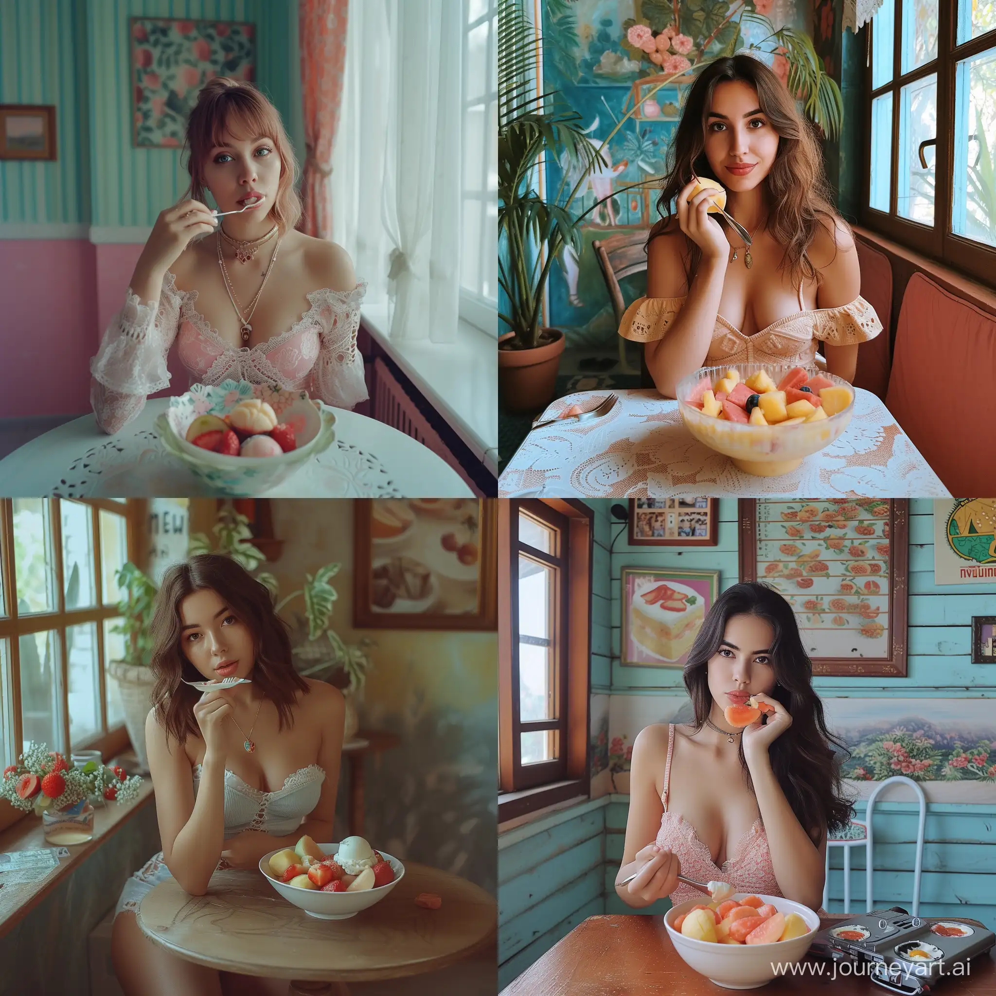 a woman sitting at a table eating a bowl of fruit, eating ice cream, anna nikonova aka newmilky, eating ice - cream,  eating cakes, pokimane, mukbang, belle delphine,  eating, young beautiful amouranth, eating camera pov, style of julia razumova