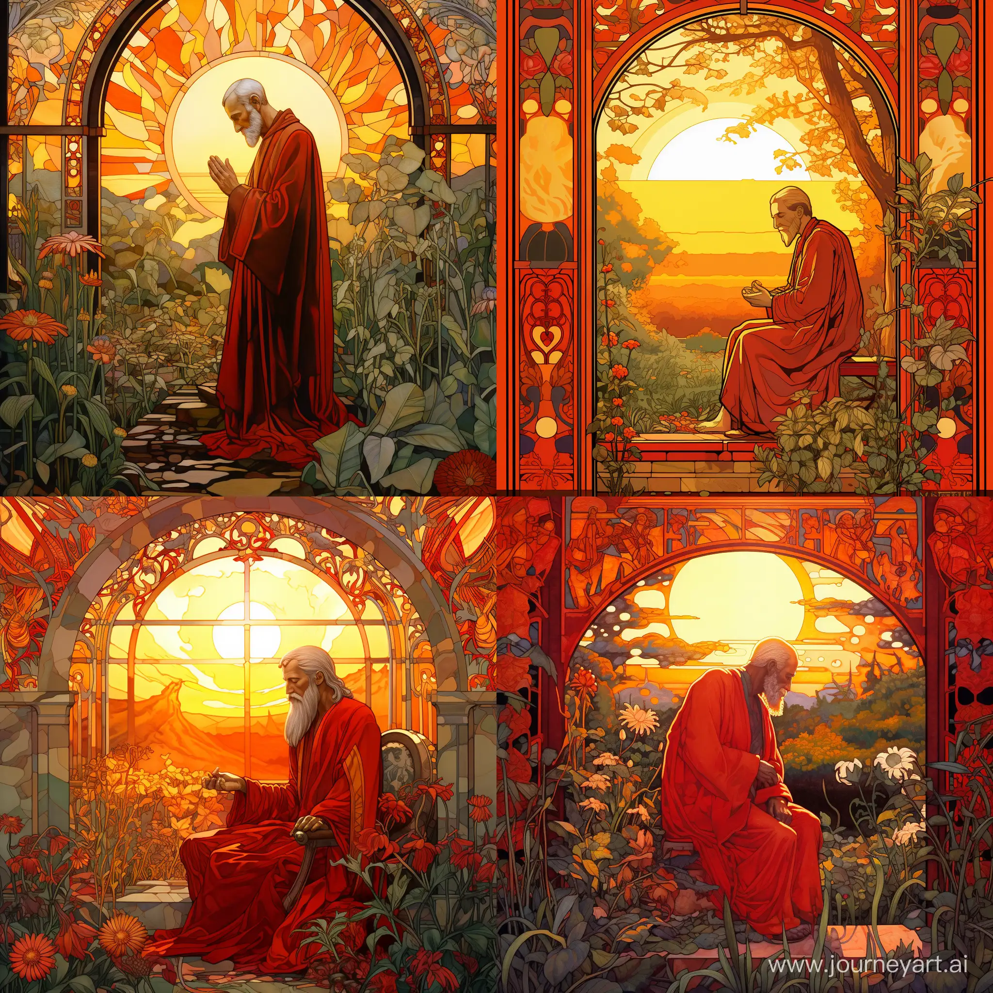 art  Nouveau, old grieving king in red vestment among garden with small old  pointed arch, sunset