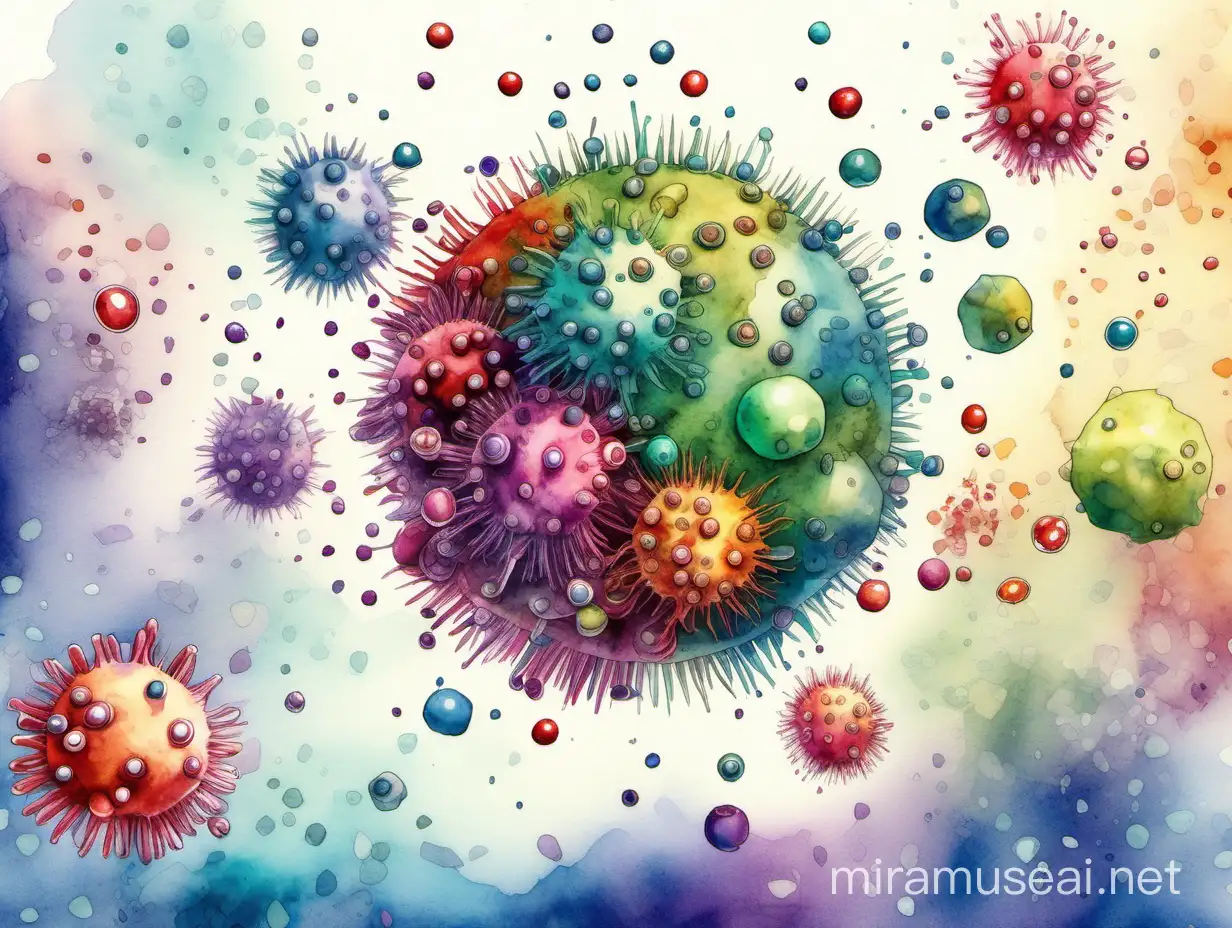 highly detailed watercolor style template for a microbe themed card containing hairy dancing spherical microbes with spinning metal balls floating in the air, no text, zoomed in, vibrant  colors