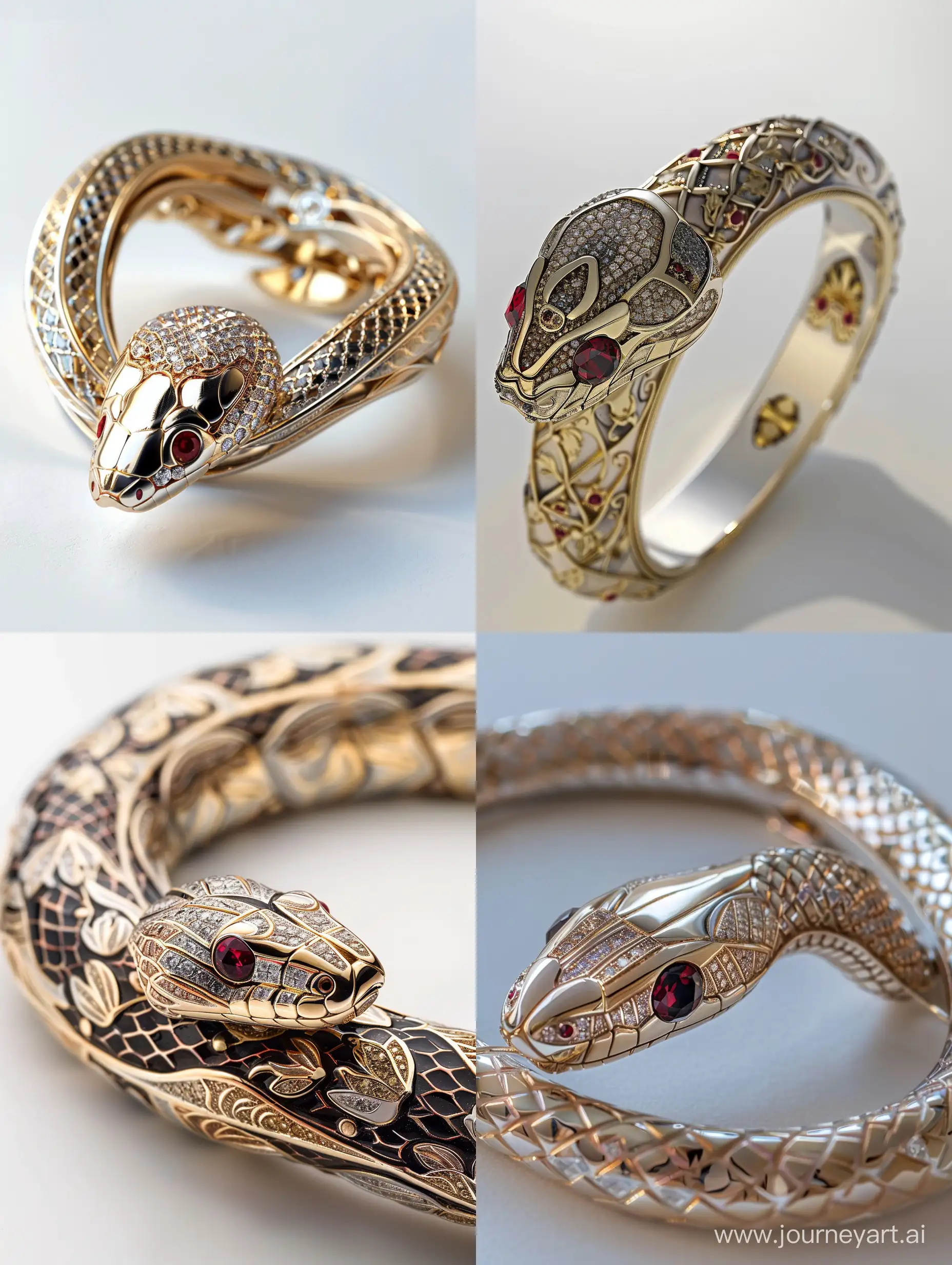 Art-Nouveau-Snake-Bracelet-with-Red-Ruby-Eyes-on-White-Background