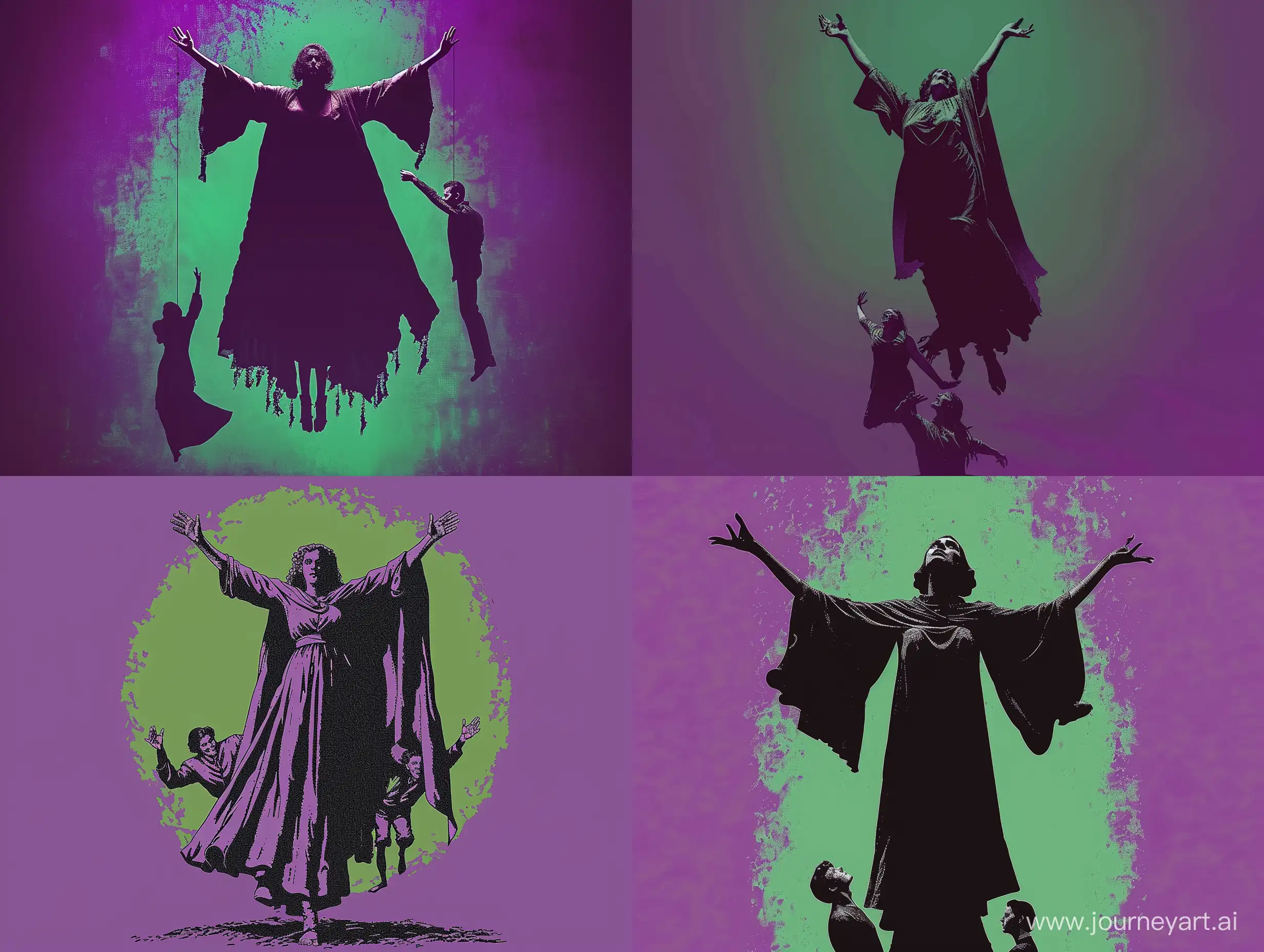 A succubus in a cloak on a body levitates in the air, not standing on the ground in the usual sense, the background behind is purple-green, she raises her arms, and a man (under her left arm) and a woman (under her right arm) levitate under her hands, the succubus himself represents the mortal sin of lust, the proportions of a succubus are larger than a man and a woman