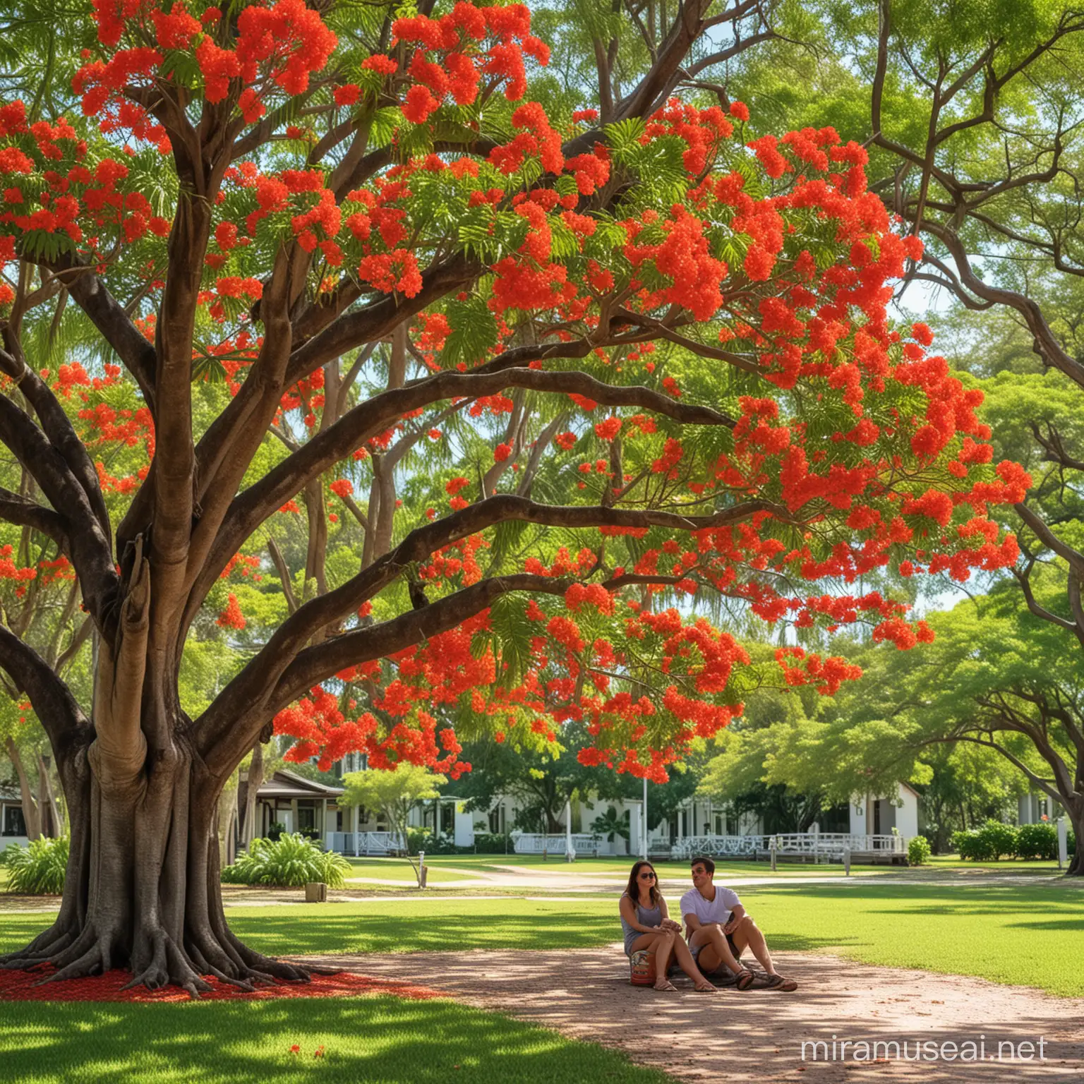 a couple sitting under royal poinciana tree in village