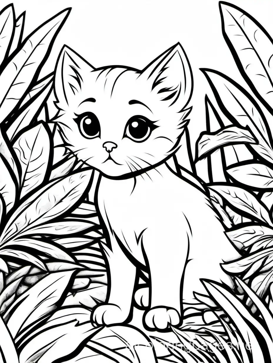 tiny kitten alone under the bush, Coloring Page, black and white, line art, white background, Simplicity, Ample White Space. The background of the coloring page is plain white to make it easy for young children to color within the lines. The outlines of all the subjects are easy to distinguish, making it simple for kids to color without too much difficulty
