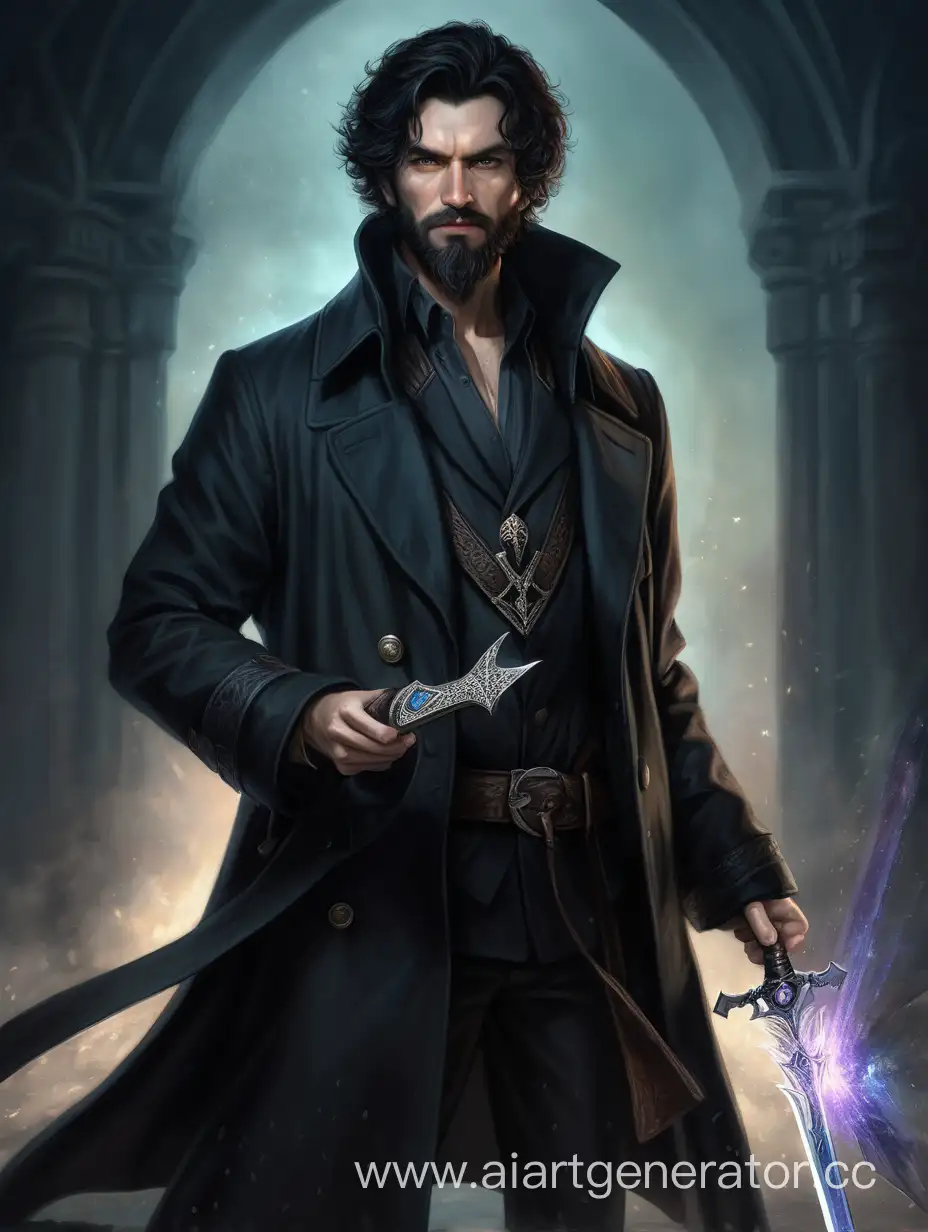 Мужчина с короткой стрижкой, растрепанными волосами чёрного цвета. Борода. Пальто чёрное. В руках магический меч. Мистик