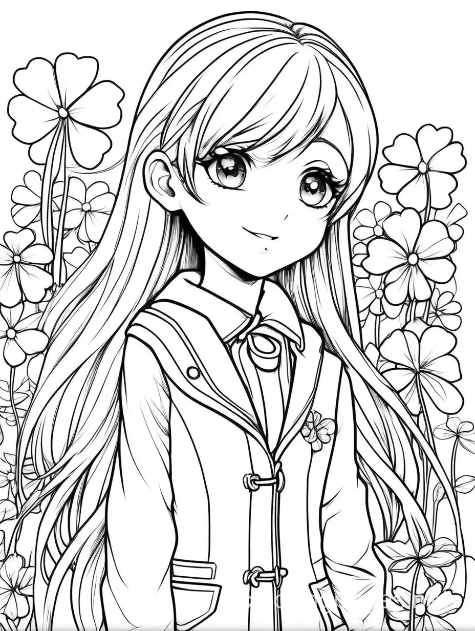Add bottom part for picture on this link https://s1.zerochan.net/Suu.(CLOVER).600.2582685.jpg coloring for adult, Coloring Page, black and white, line art, white background, Simplicity, Ample White Space. The background of the coloring page is plain white to make it easy for young children to color within the lines. The outlines of all the subjects are easy to distinguish, making it simple for kids to color without too much difficulty