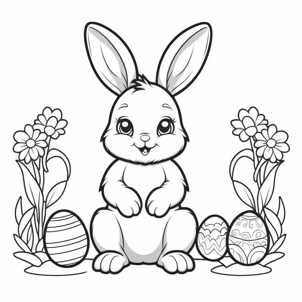 Cute easter bunny, coloring 4-7 year, Complete white background, clean line art, fine line art, vector, HD