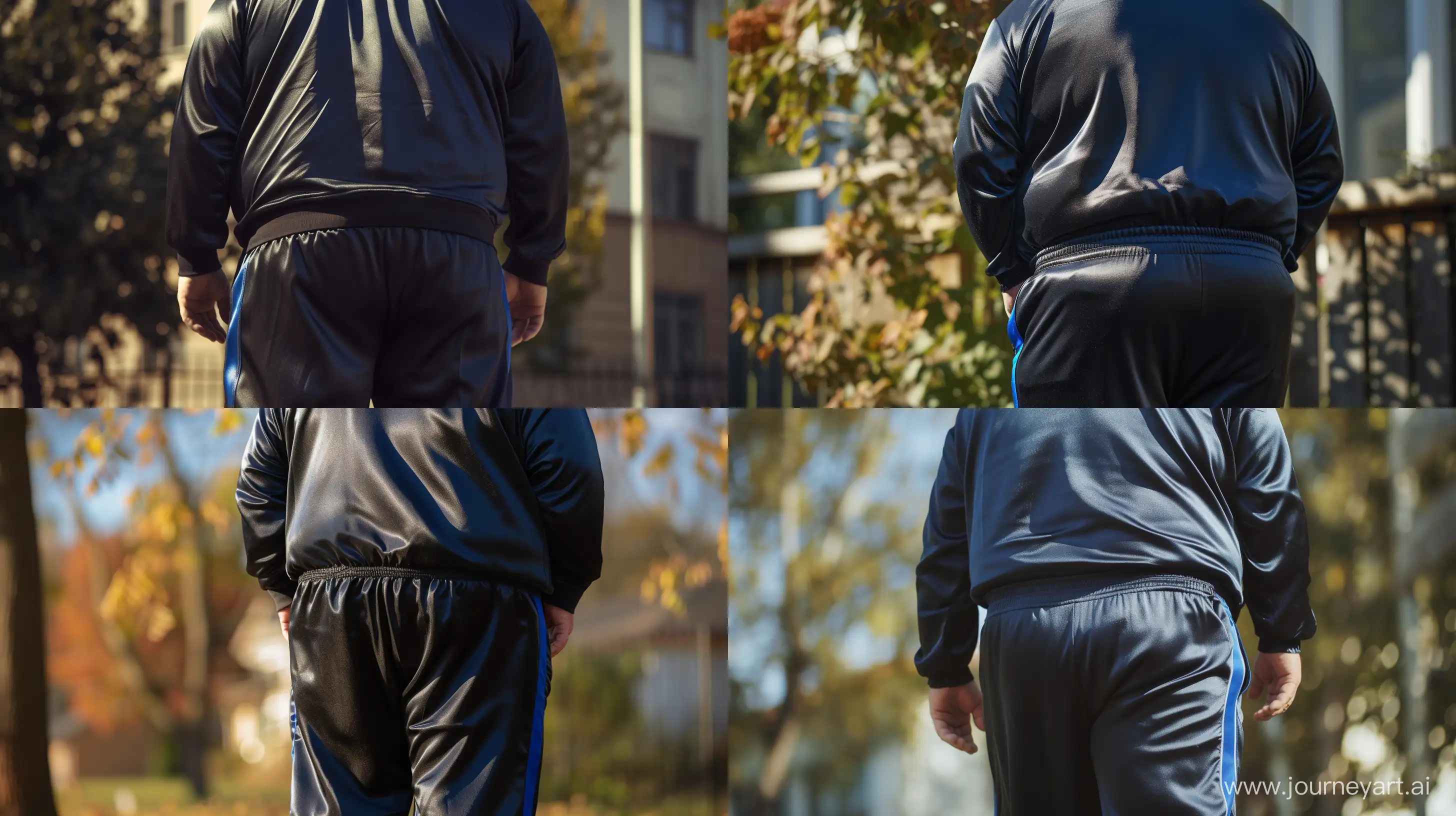 Back view close-up photo of a fat man aged 60 wearing satin navy tracksuit with royal blue stripe on the leg. Outside. Natural Light on his back. --style raw --ar 16:9