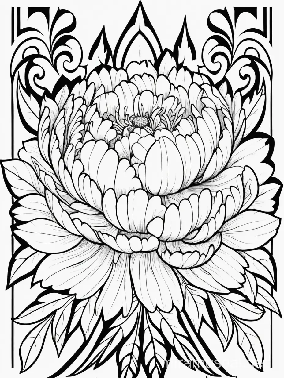 coloring book image, tribal rock's peony, pattern, black and white, thick black clean lines, native American Indian style,