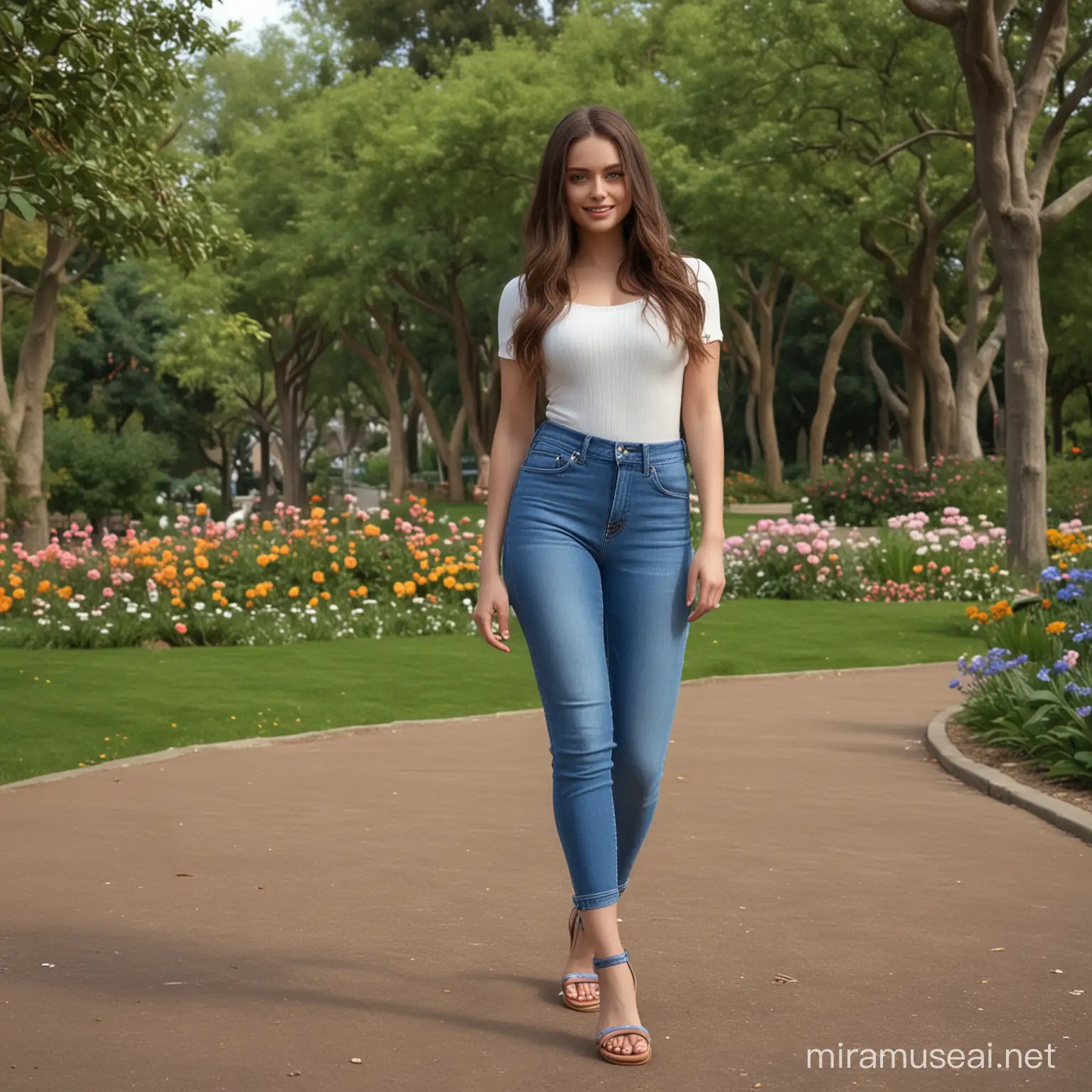 1 beautiful female, Glamorous body, The long-haired, a brunette, slick skin, blue eyes, smile, seductive smile, Fancy makeup, Beige lips, heavy eye makeup, ((Model style sexy denim coordination)), Knitted sandals, realist, air, super realistic 8K, super detailed and realistic, Bold poses, Big ass, Walk in the park, Walk through the gardens, Hair that flutters in the wind
