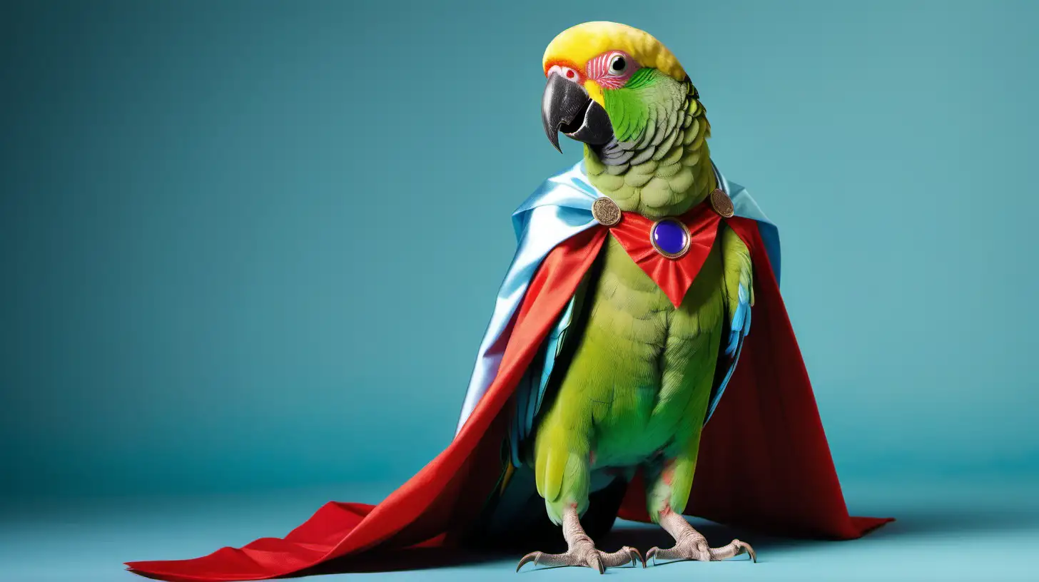 a green indian ring neck parrot dressed as a hero wearing a cape, full body head to toe image