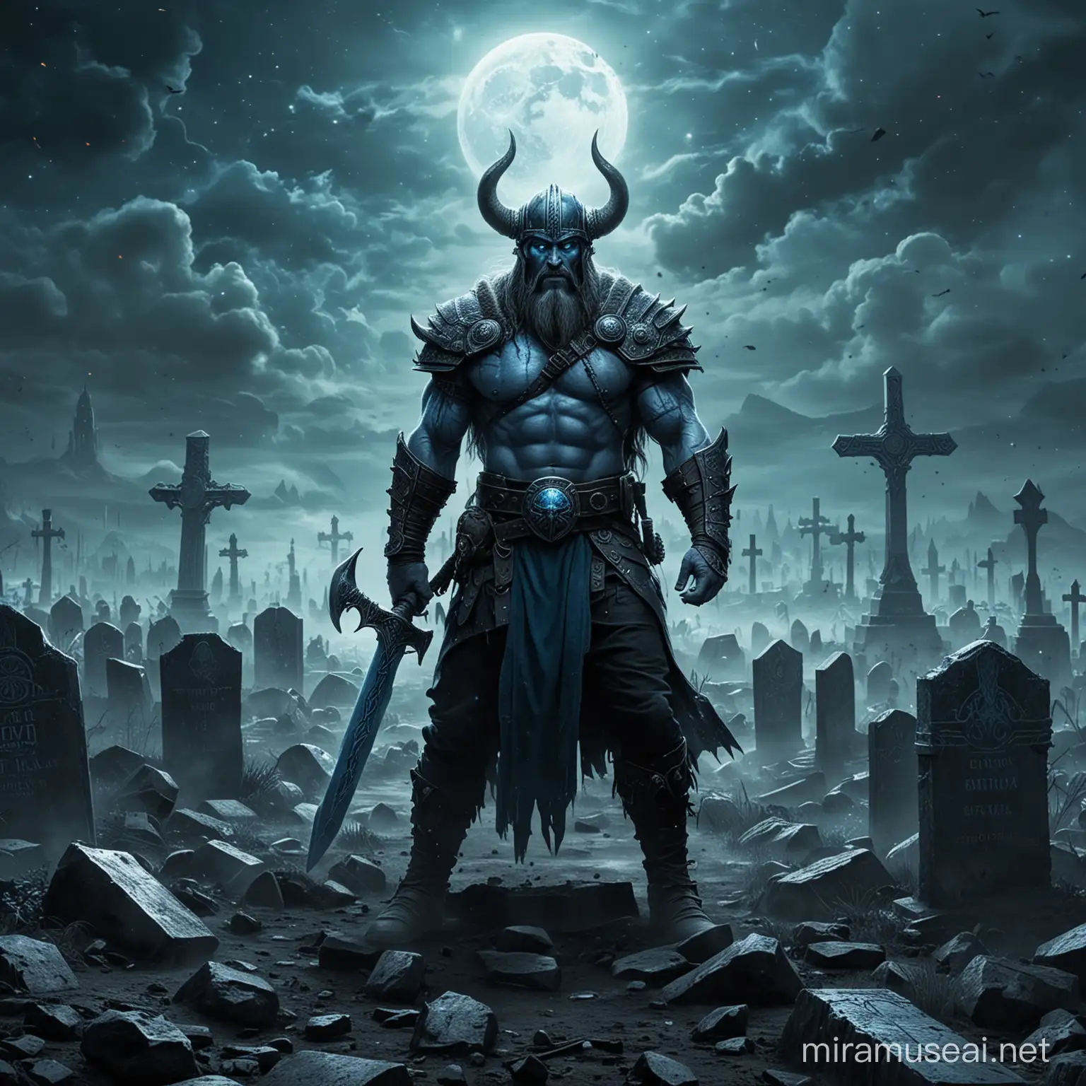 combat viking, dieu du mal, planète espace,  bleu, visage de face, méchant, puissant, armée de démon sortant de tombes, cimetières, bleu planète, pierres tombales