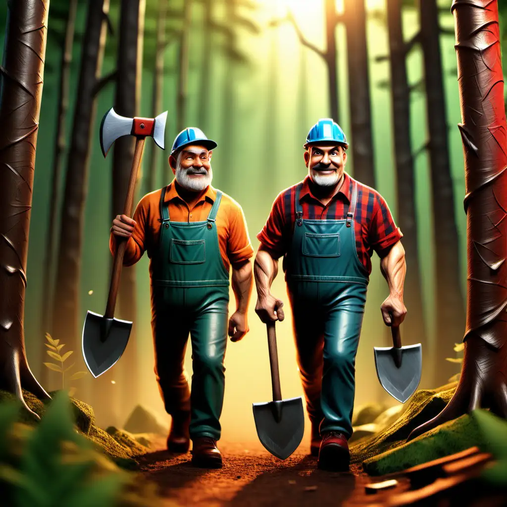 Create a 3D illustrator of an animated scene of a pair of hardworking, middle aged, charming, medium skin toned, wood cutters walking into the forest, holding a small axe in their hands. Beautiful and vibrant background illustrations.
