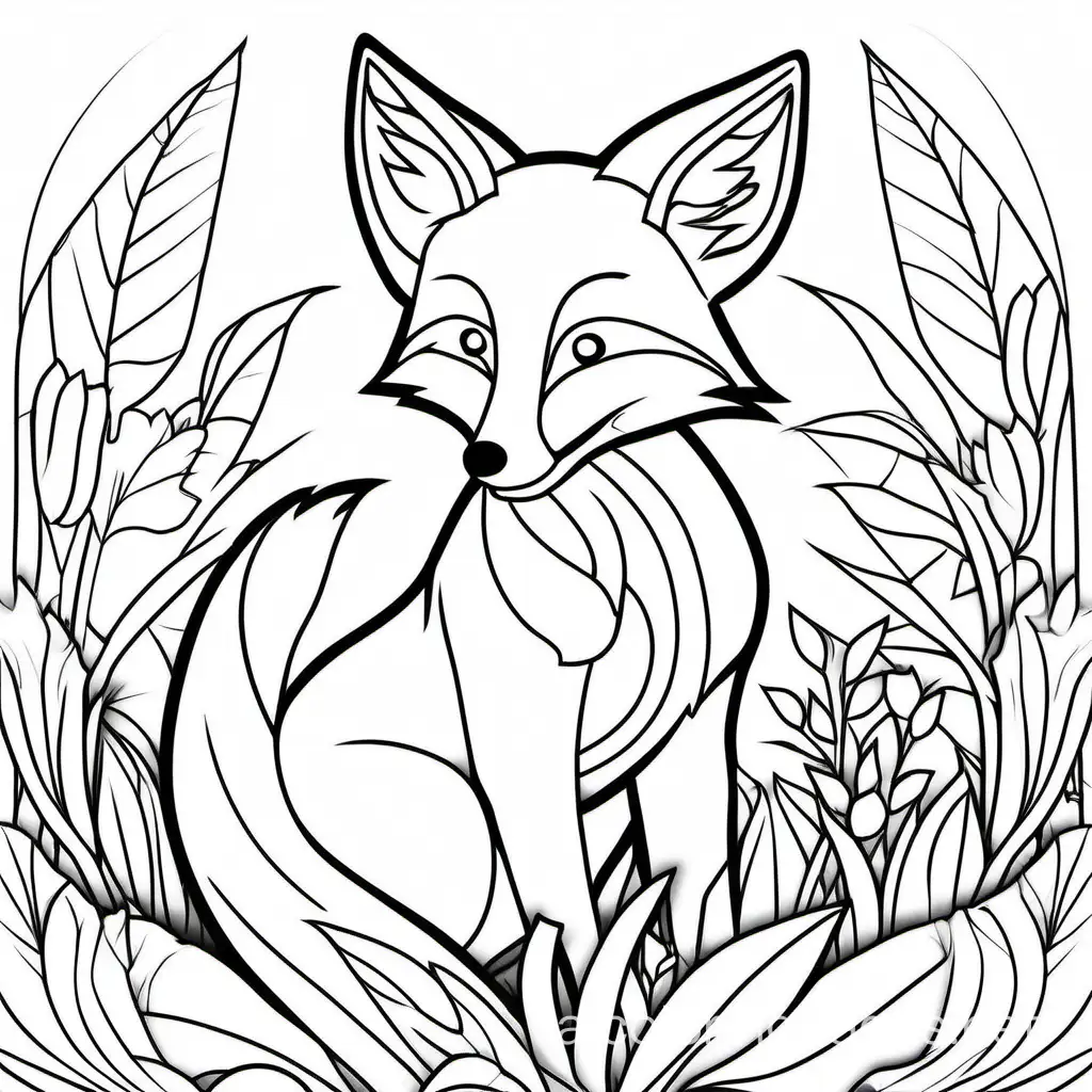 the red fox, Coloring Page, black and white, line art, white background, Simplicity, Ample White Space. The background of the coloring page is plain white to make it easy for young children to color within the lines. The outlines of all the subjects are easy to distinguish, making it simple for kids to color without too much difficulty