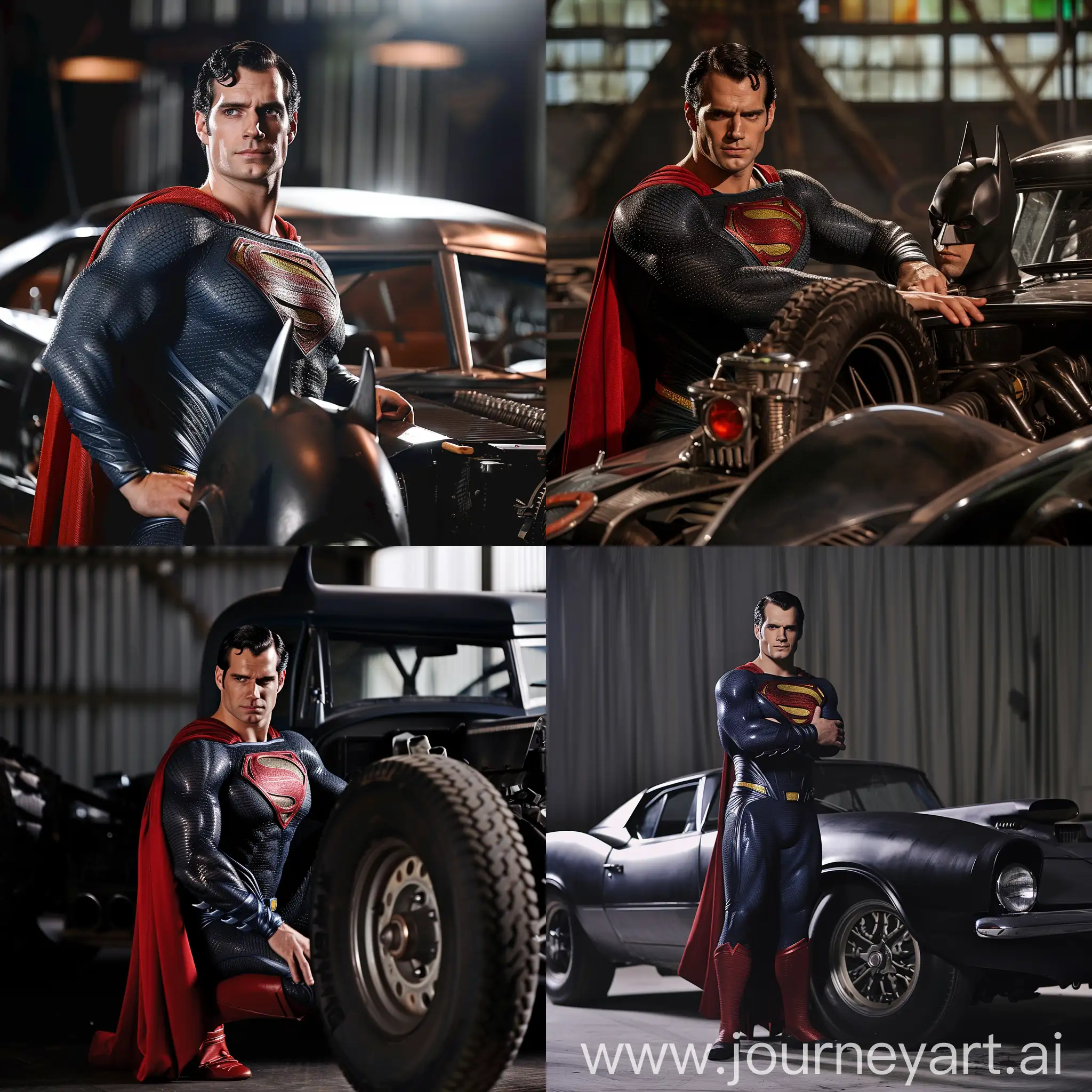 Superman in a car auction bidding on the batmobile