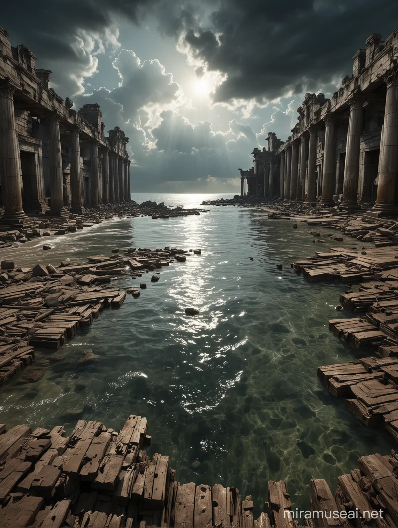 Mystical Ruins Abandoned Seascape with Weathered Architecture and Stormy Sky
