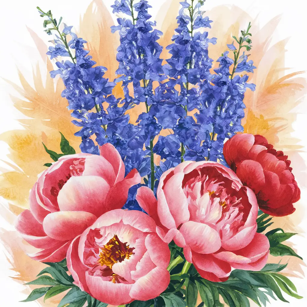 Bouquet of peonies and Delphinium on watercolor art style