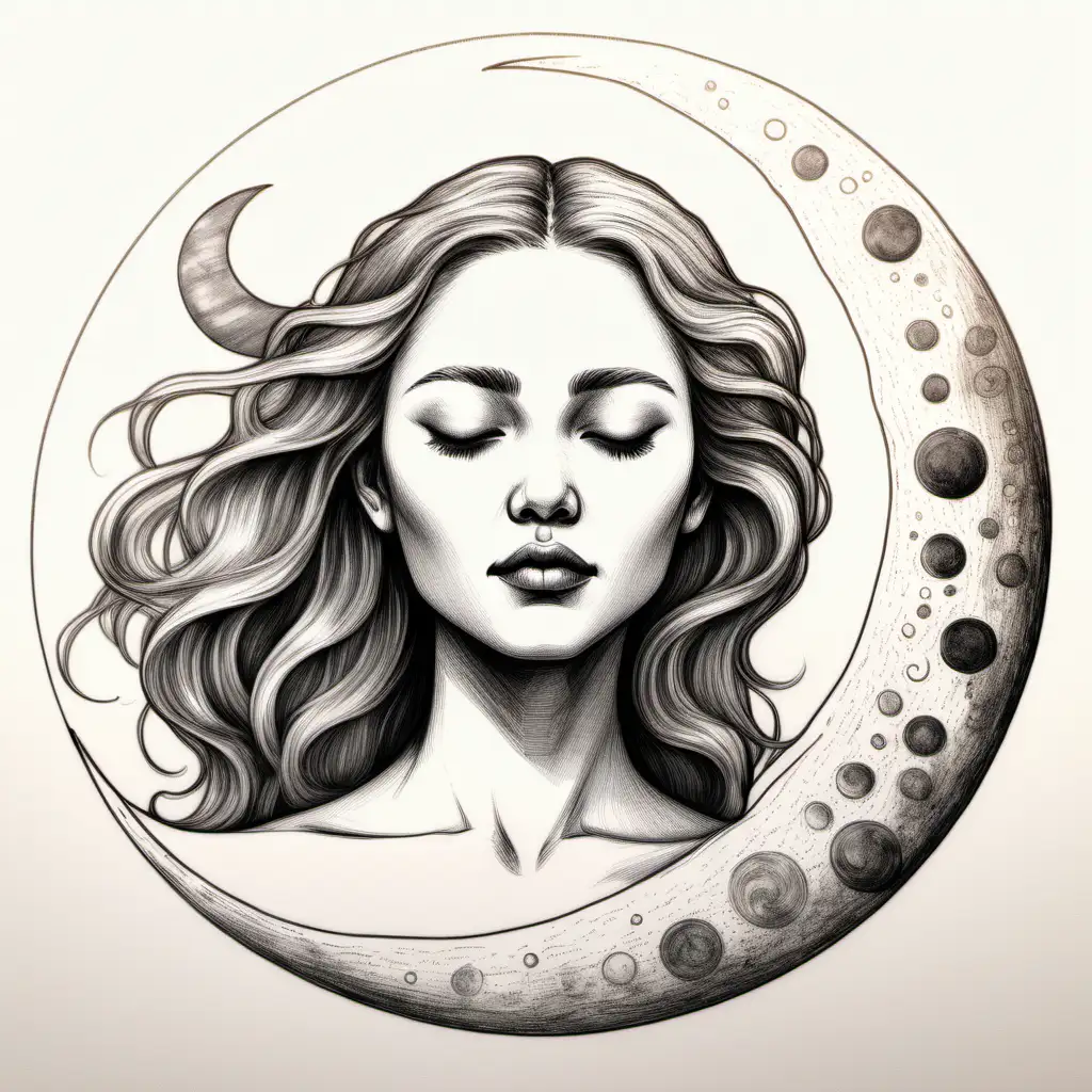 moon cycle  and a womans face feeling empowered. sketch drawing 
