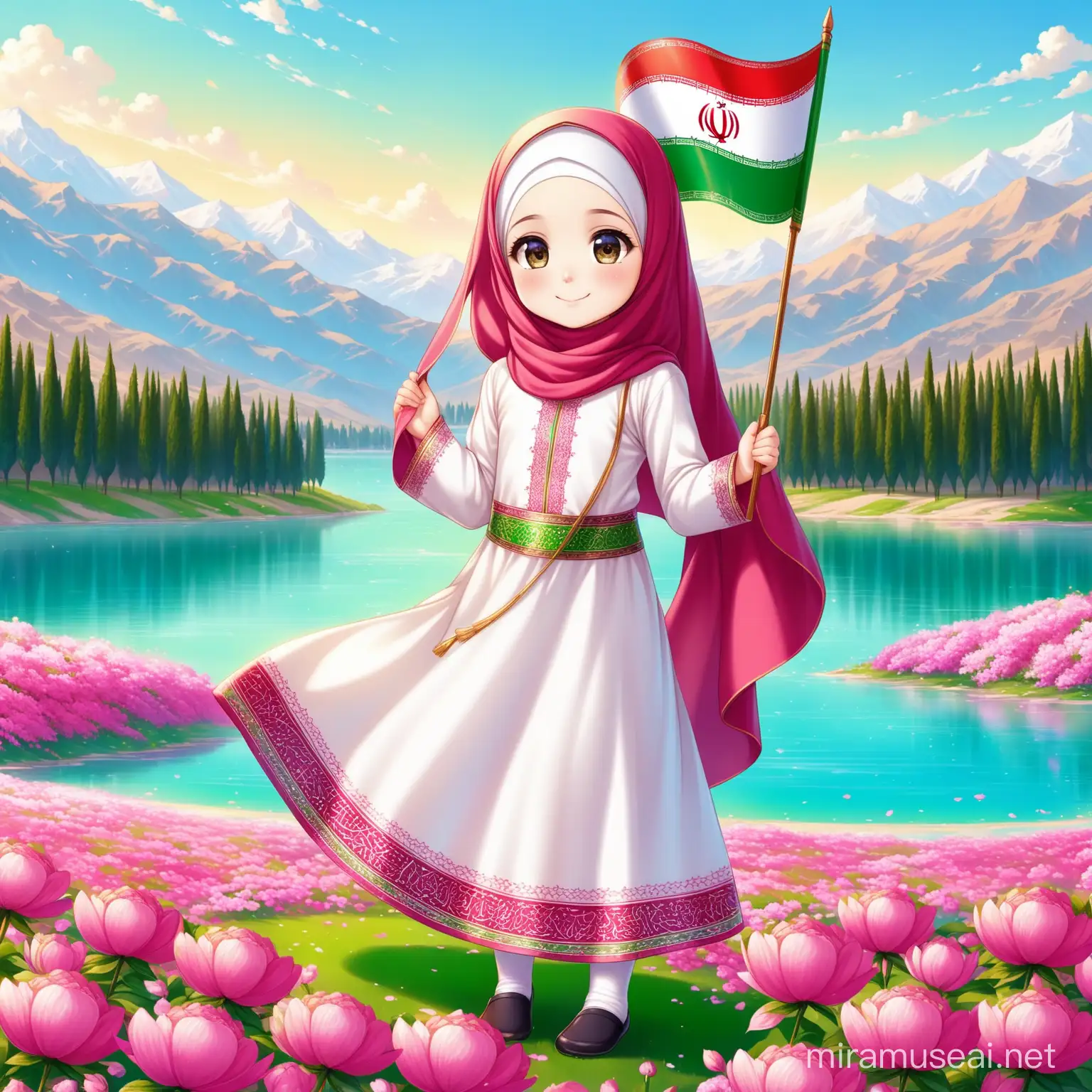 Persian little girl(full height, Muslim, with emphasis no hair out of veil(Hijab), small eyes, bigger nose, white skin, cute, smiling, wearing socks, nice flag of Iran in hand with pride, clothes full of Persian designs).
Atmosphere full of many pink flowers, lake, sparing.
