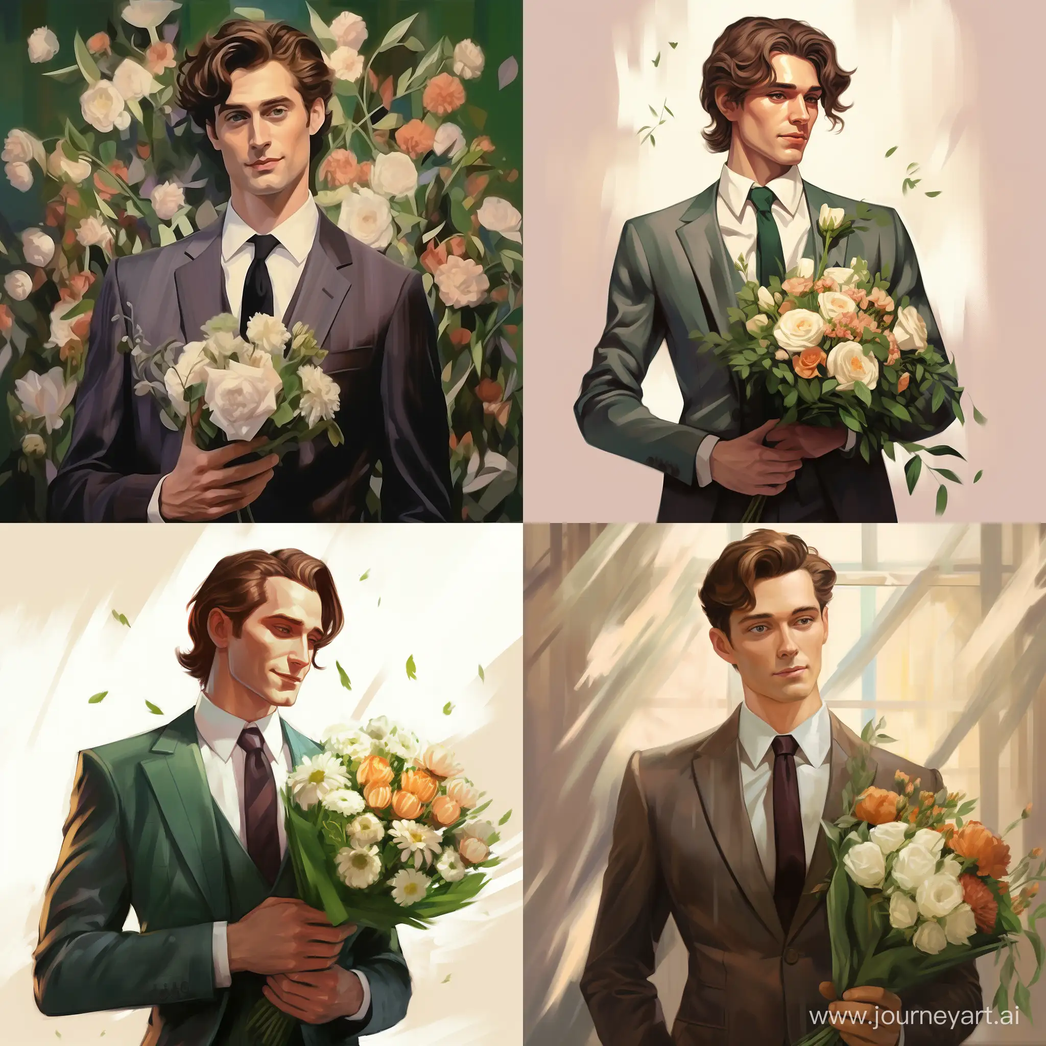Tall-Man-in-Suit-Holding-Bouquet-of-Flowers-Genuine-Love-Portrait