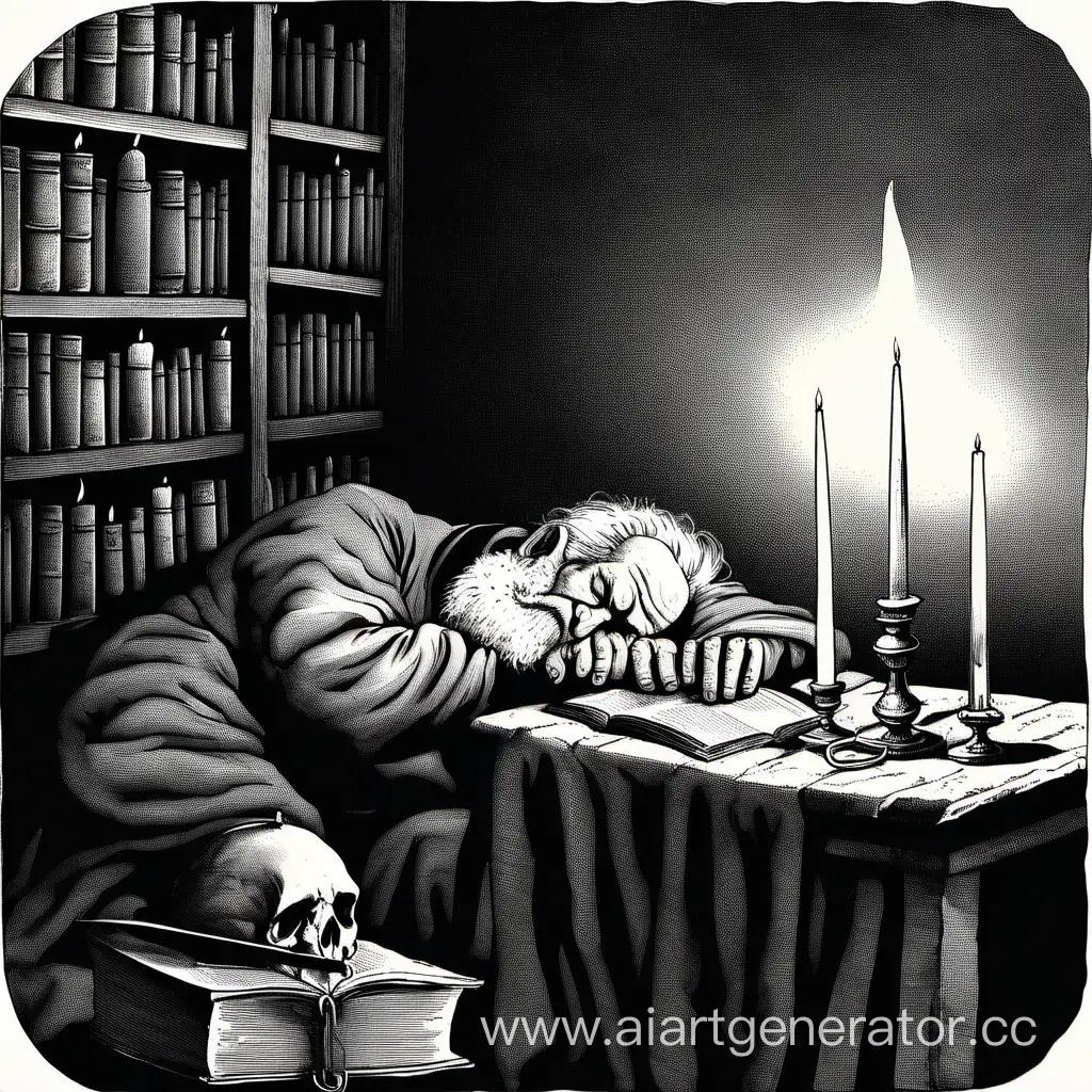 Седой старик спит рядом свеча и книга на столе